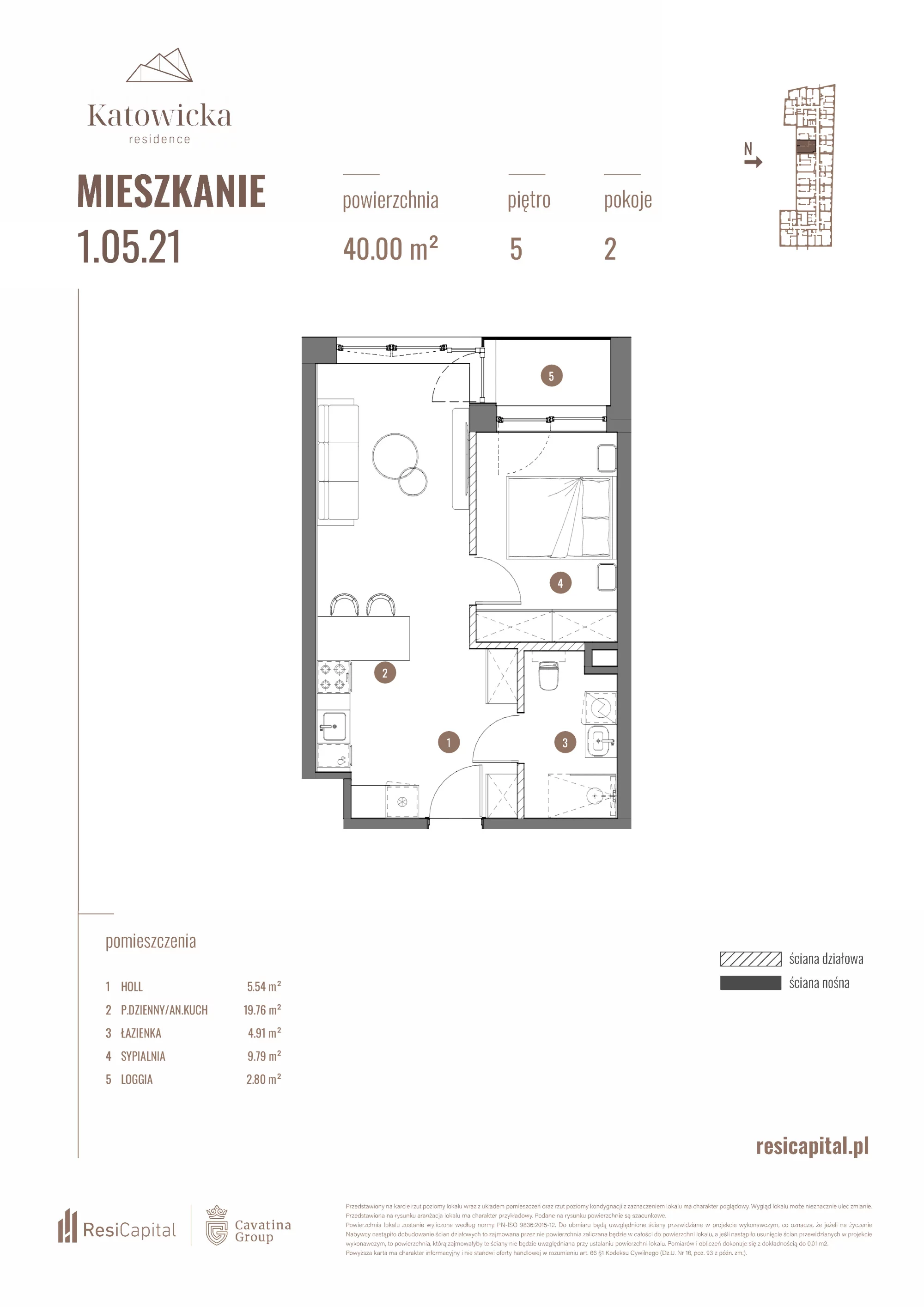 2 pokoje, apartament 40,00 m², piętro 5, oferta nr 1.05.21., Katowicka Residence, Katowice, Bogucice, ul. Katowicka
