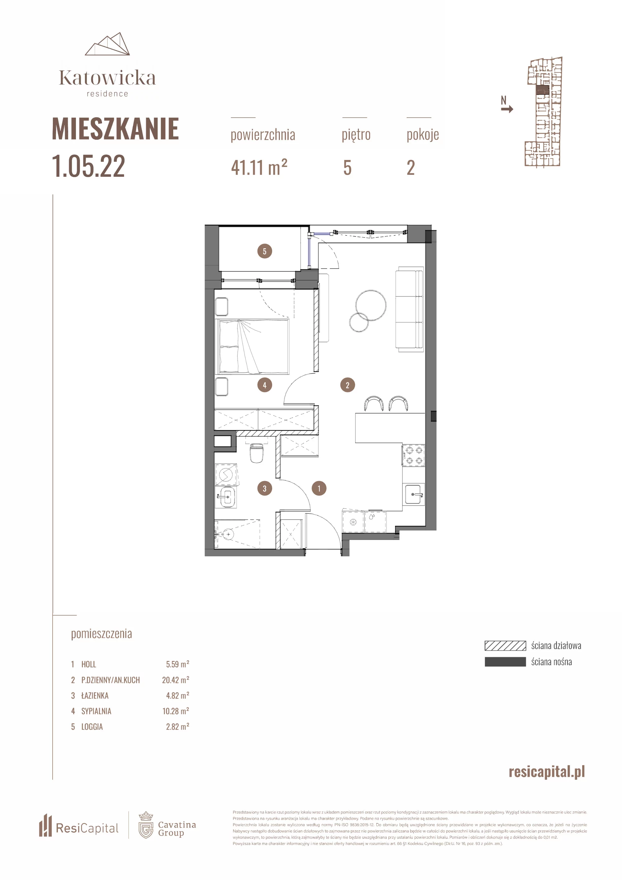 2 pokoje, apartament 41,11 m², piętro 5, oferta nr 1.05.22., Katowicka Residence, Katowice, Bogucice, ul. Katowicka