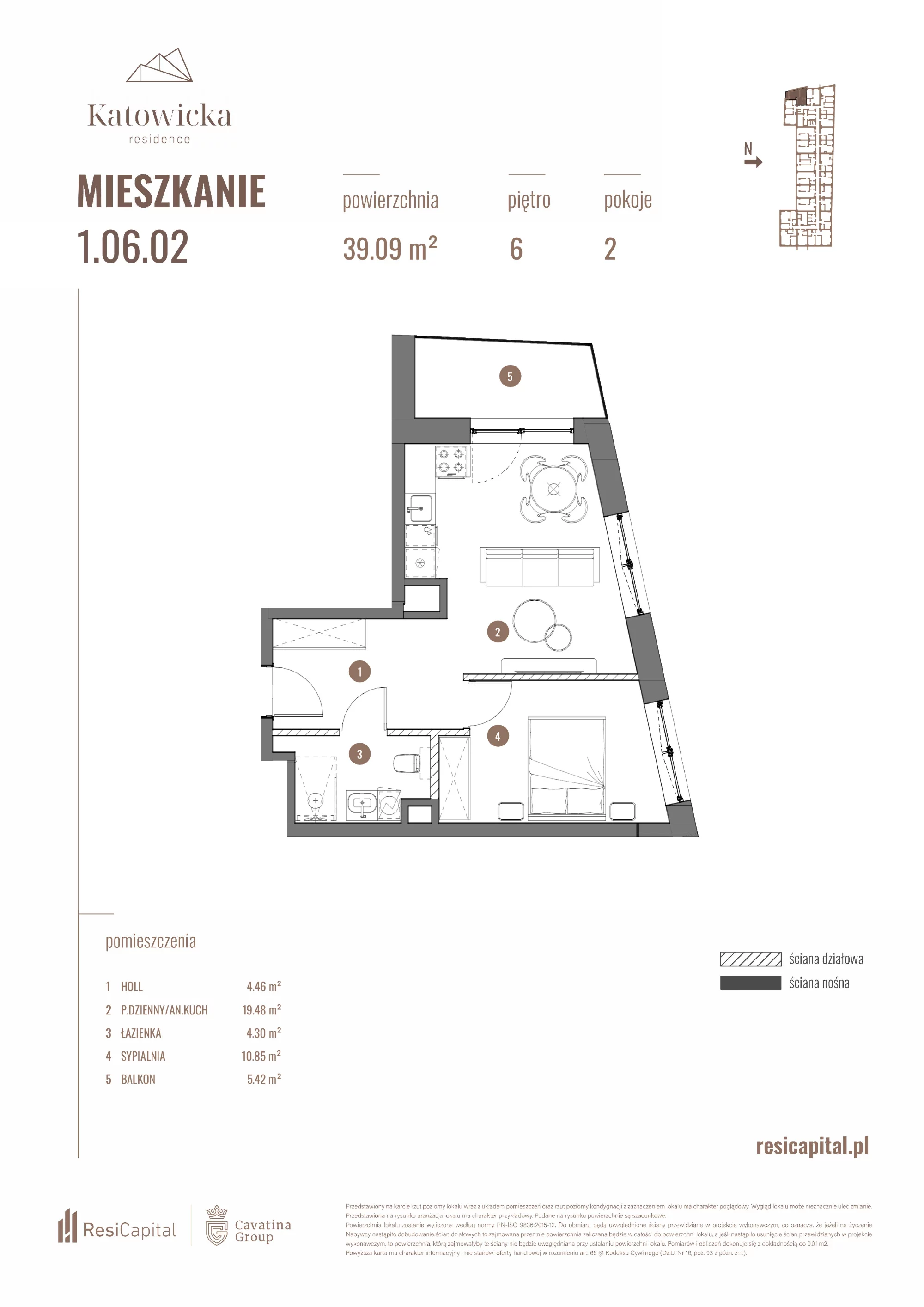 2 pokoje, apartament 39,09 m², piętro 6, oferta nr 1.06.02., Katowicka Residence, Katowice, Bogucice, ul. Katowicka