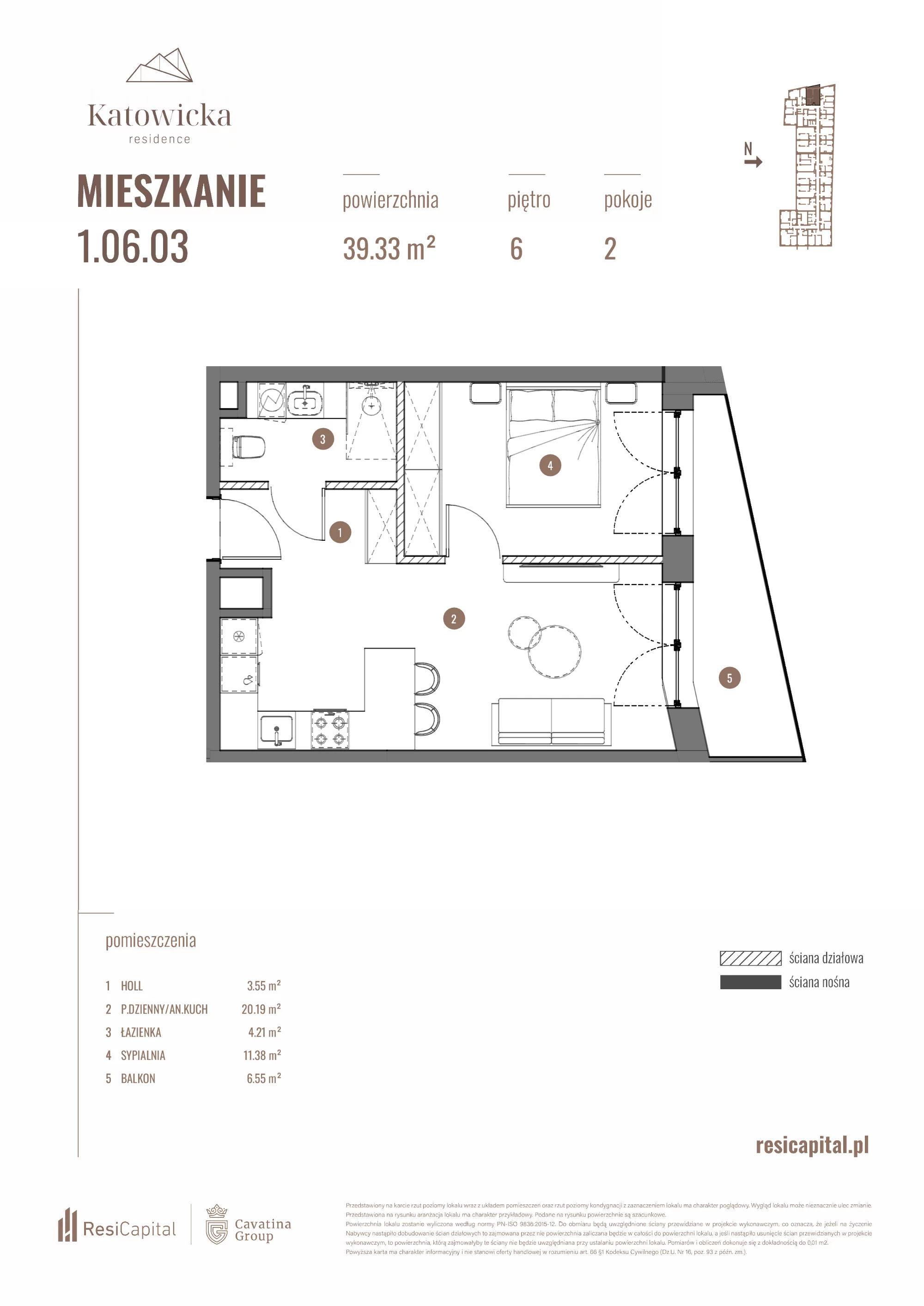 2 pokoje, apartament 39,33 m², piętro 6, oferta nr 1.06.03., Katowicka Residence, Katowice, Bogucice, ul. Katowicka