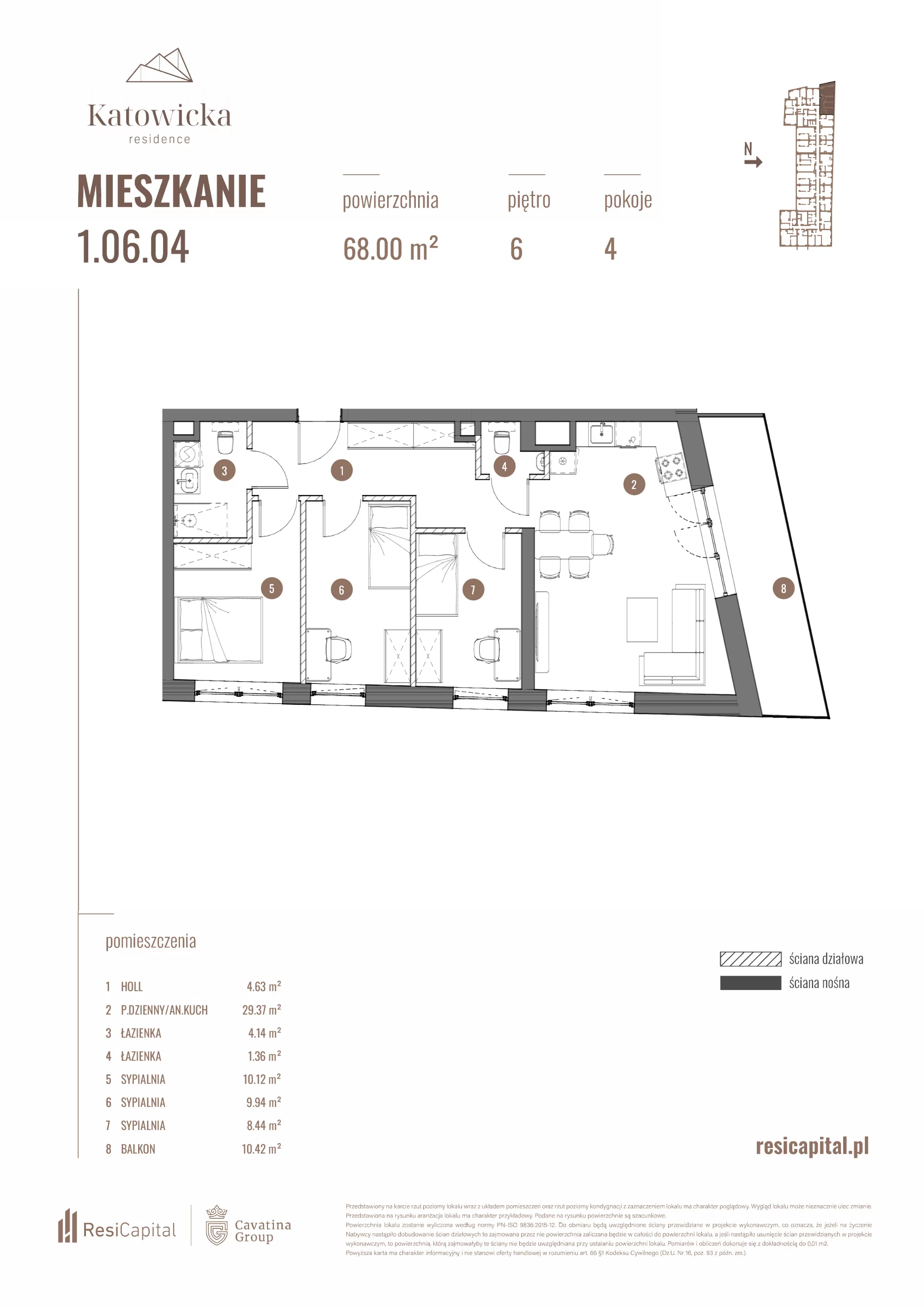 4 pokoje, apartament 68,06 m², piętro 6, oferta nr 1.06.04., Katowicka Residence, Katowice, Bogucice, ul. Katowicka