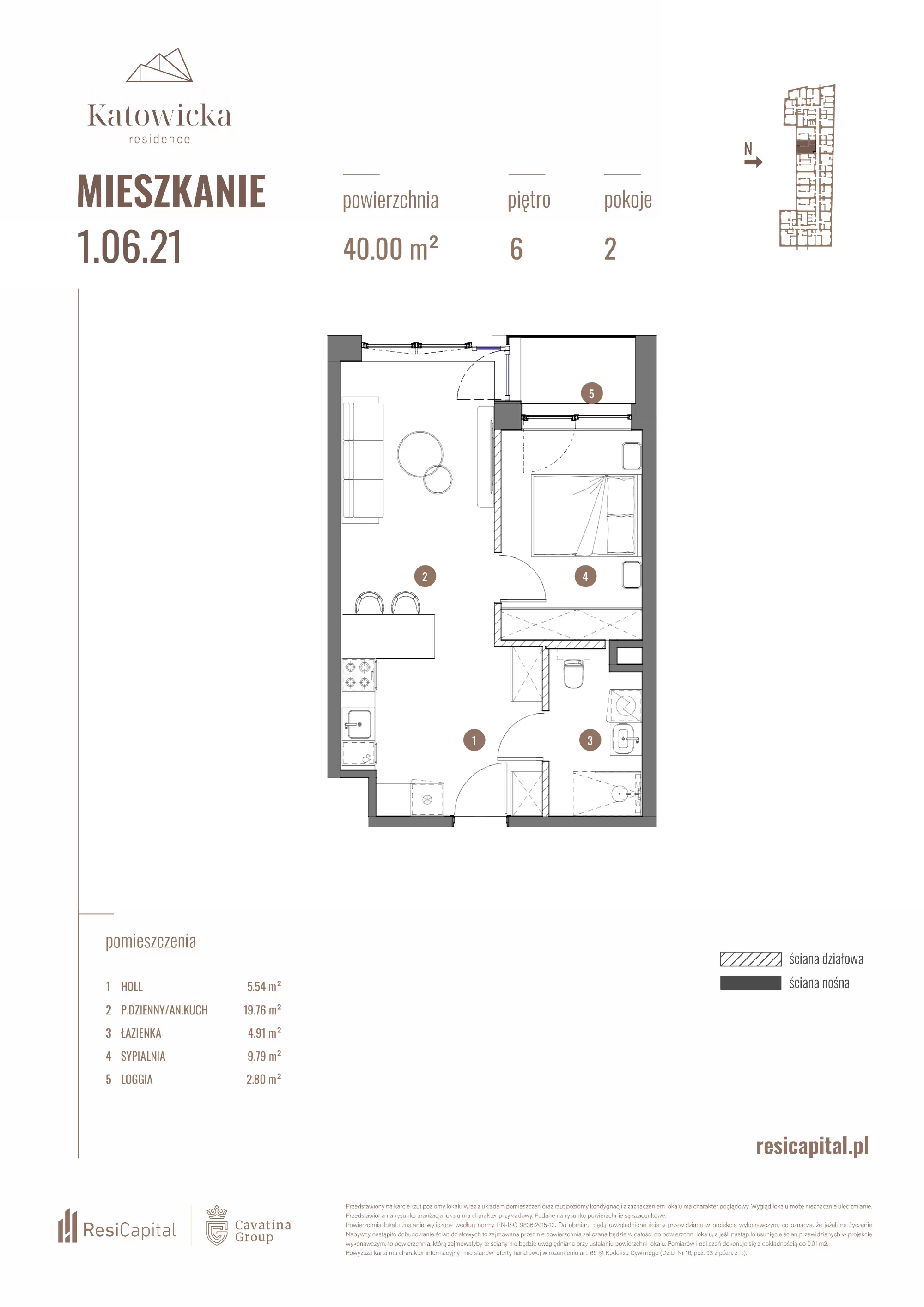 2 pokoje, apartament 40,00 m², piętro 6, oferta nr 1.06.21., Katowicka Residence, Katowice, Bogucice, ul. Katowicka