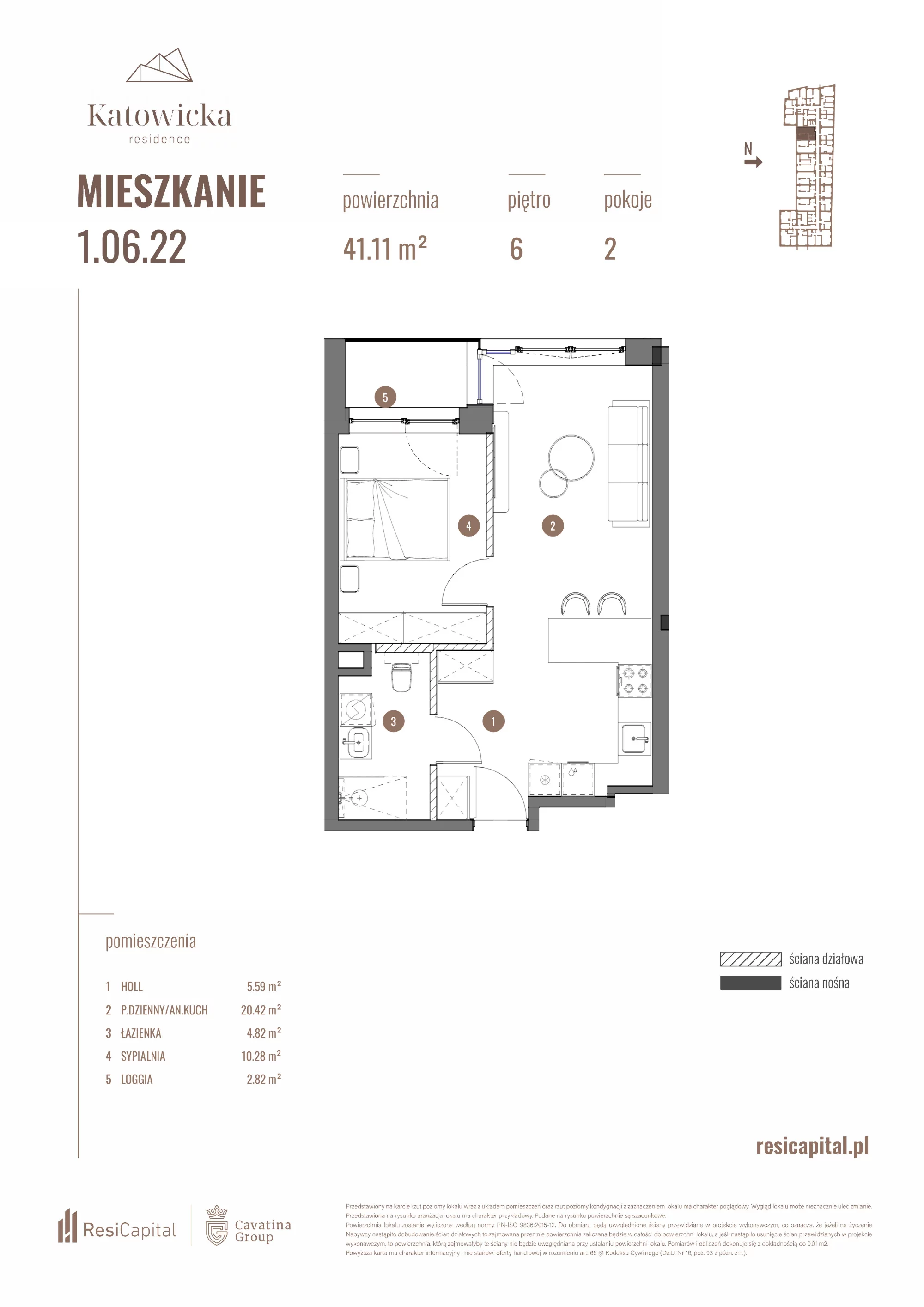2 pokoje, apartament 41,11 m², piętro 6, oferta nr 1.06.22., Katowicka Residence, Katowice, Bogucice, ul. Katowicka