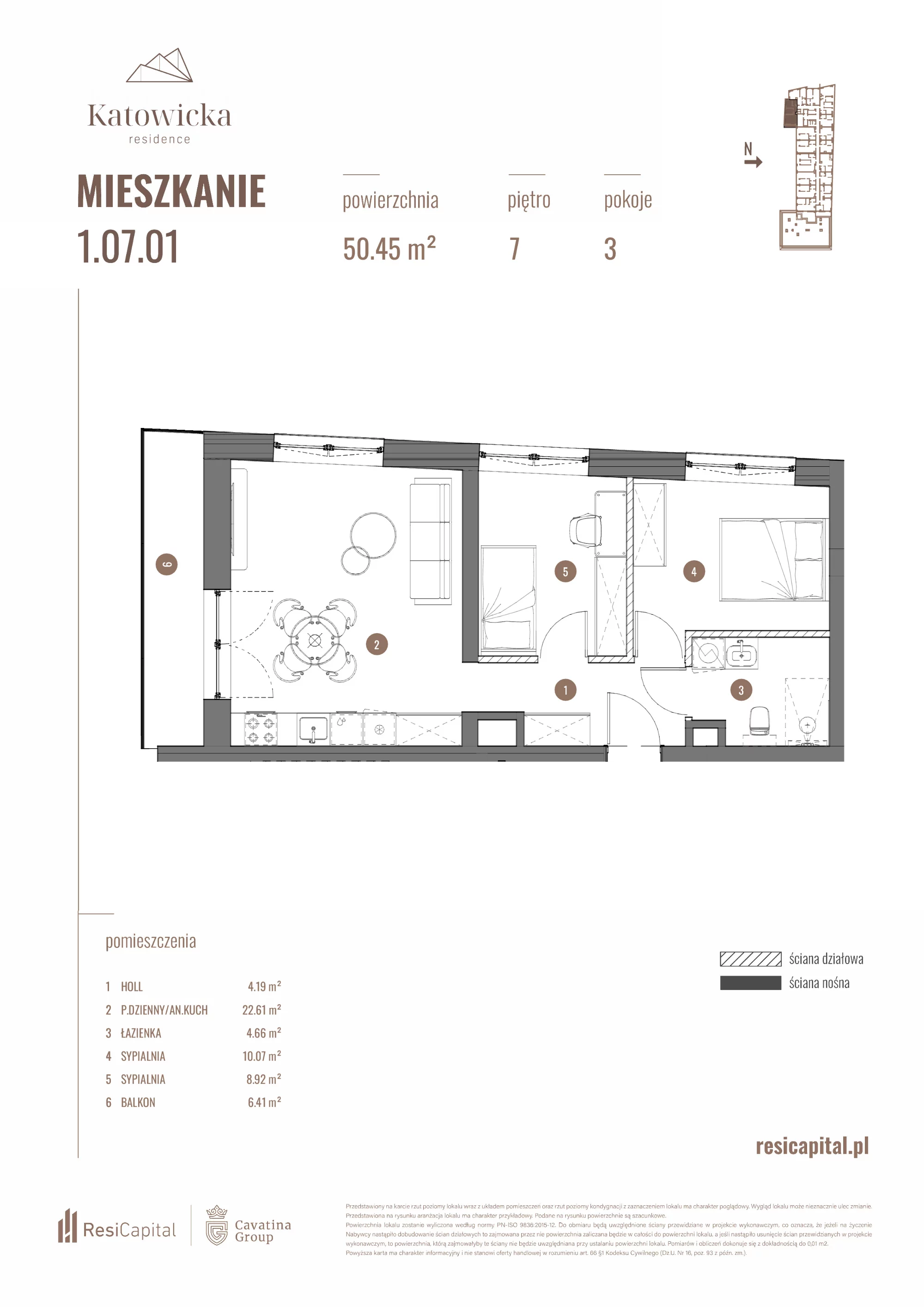 3 pokoje, apartament 50,45 m², piętro 7, oferta nr 1.07.01., Katowicka Residence, Katowice, Bogucice, ul. Katowicka