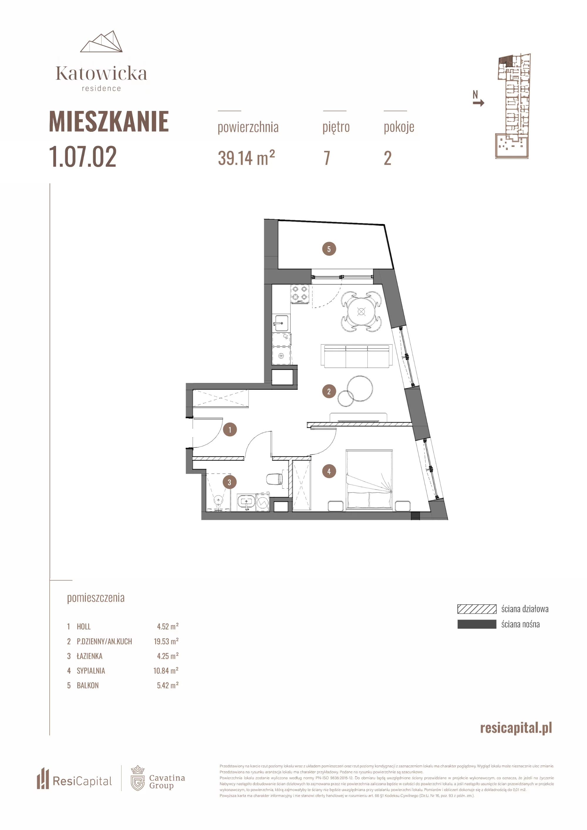 2 pokoje, apartament 39,14 m², piętro 7, oferta nr 1.07.02., Katowicka Residence, Katowice, Bogucice, ul. Katowicka