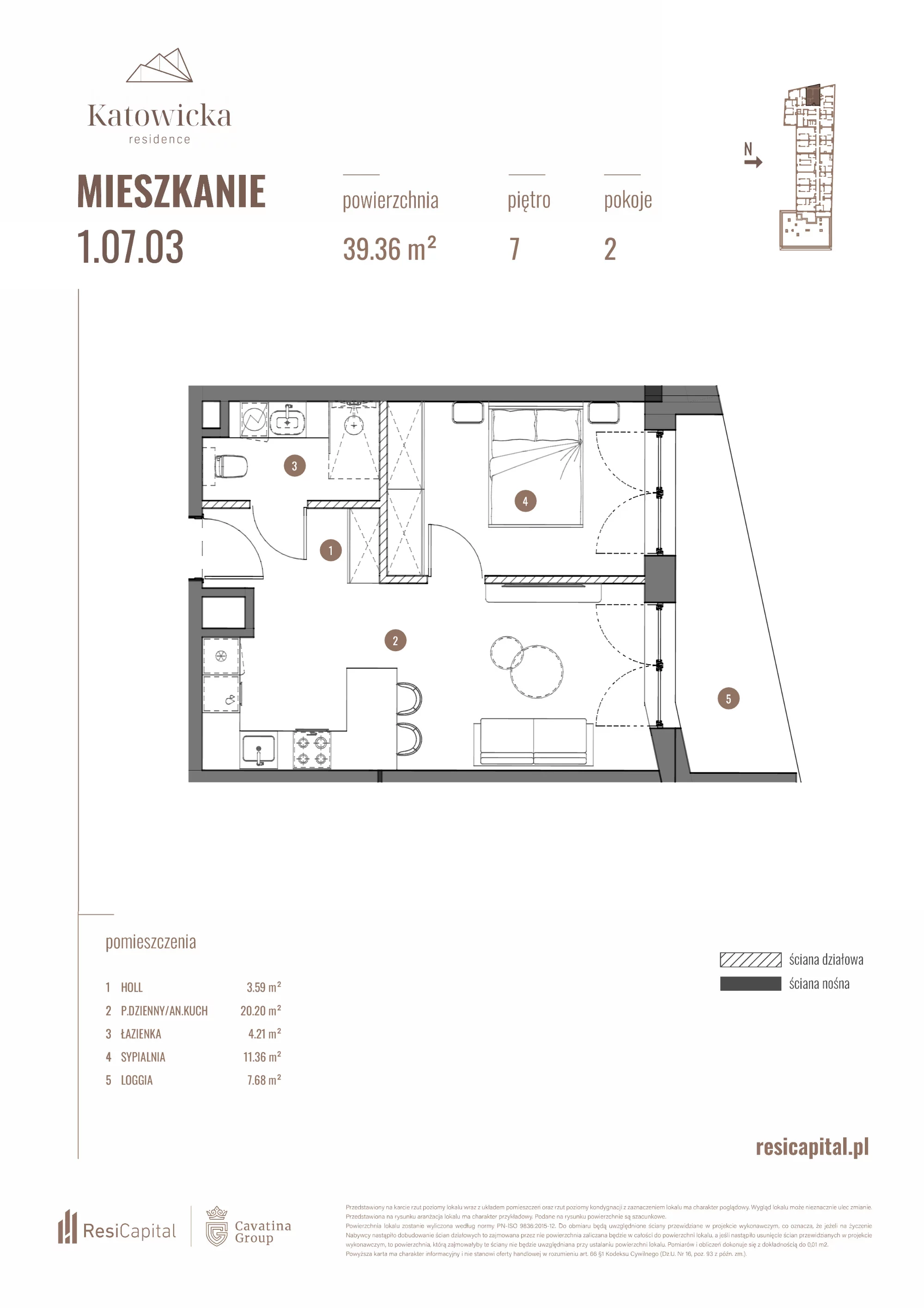 2 pokoje, apartament 39,36 m², piętro 7, oferta nr 1.07.03., Katowicka Residence, Katowice, Bogucice, ul. Katowicka