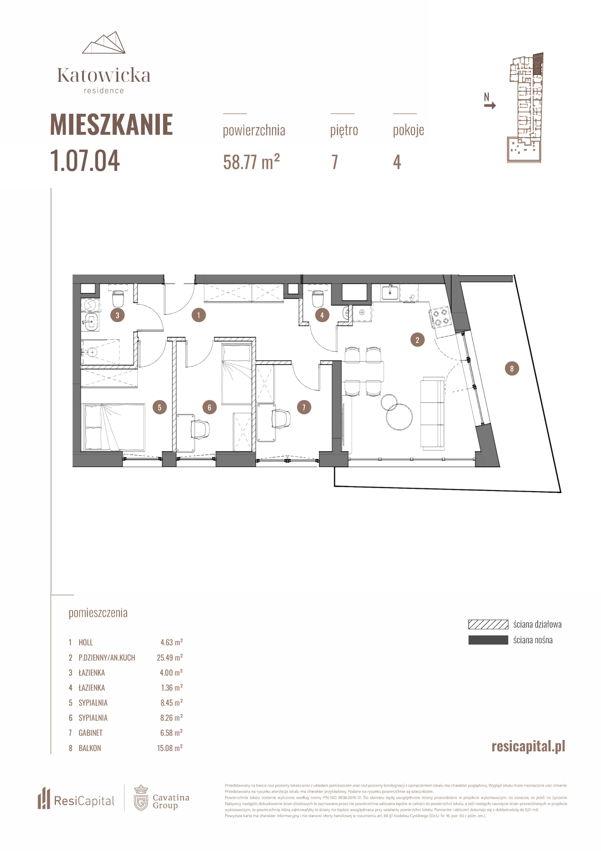 4 pokoje, apartament 58,83 m², piętro 7, oferta nr 1.07.04., Katowicka Residence, Katowice, Bogucice, ul. Katowicka