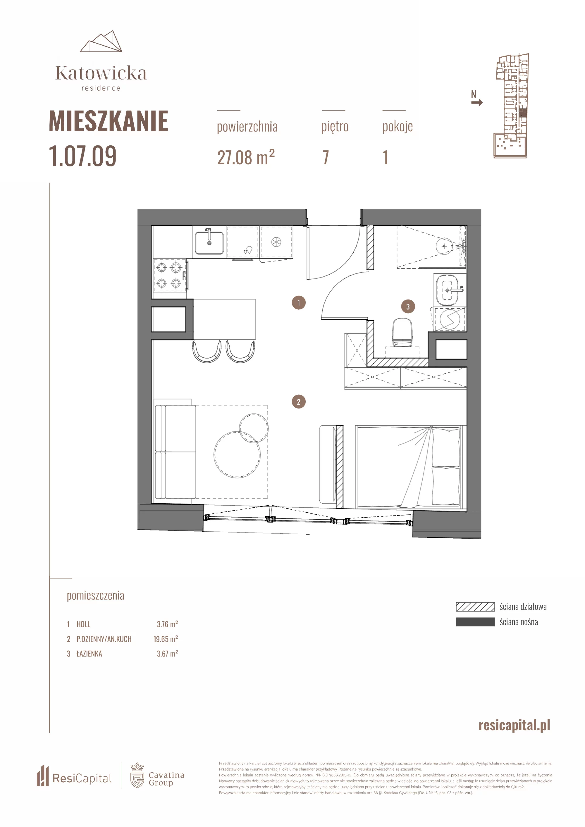 Apartament 27,08 m², piętro 7, oferta nr 1.07.09., Katowicka Residence, Katowice, Bogucice, ul. Katowicka