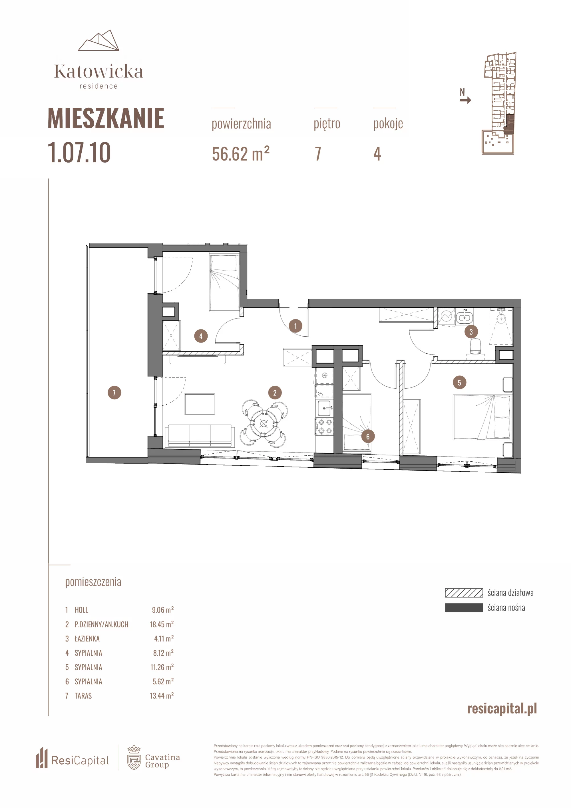 4 pokoje, apartament 56,62 m², piętro 7, oferta nr 1.07.10., Katowicka Residence, Katowice, Bogucice, ul. Katowicka