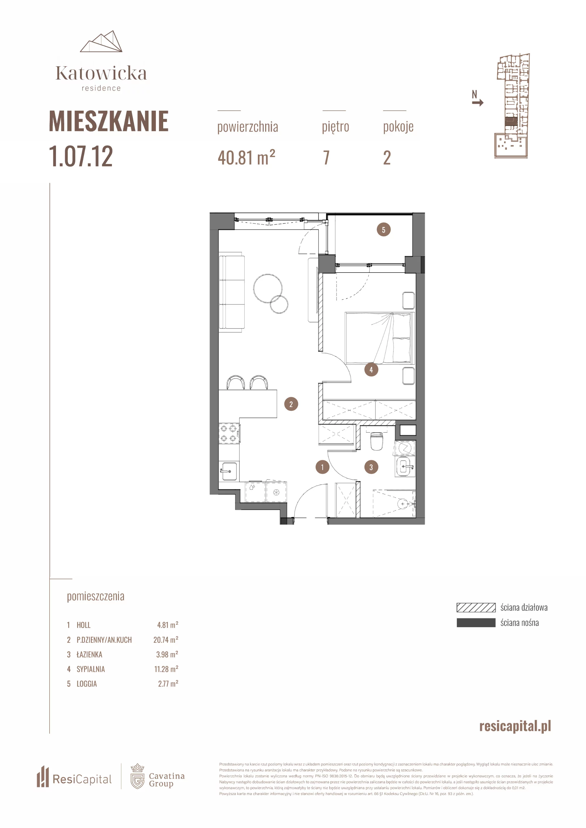 2 pokoje, apartament 40,81 m², piętro 7, oferta nr 1.07.12., Katowicka Residence, Katowice, Bogucice, ul. Katowicka