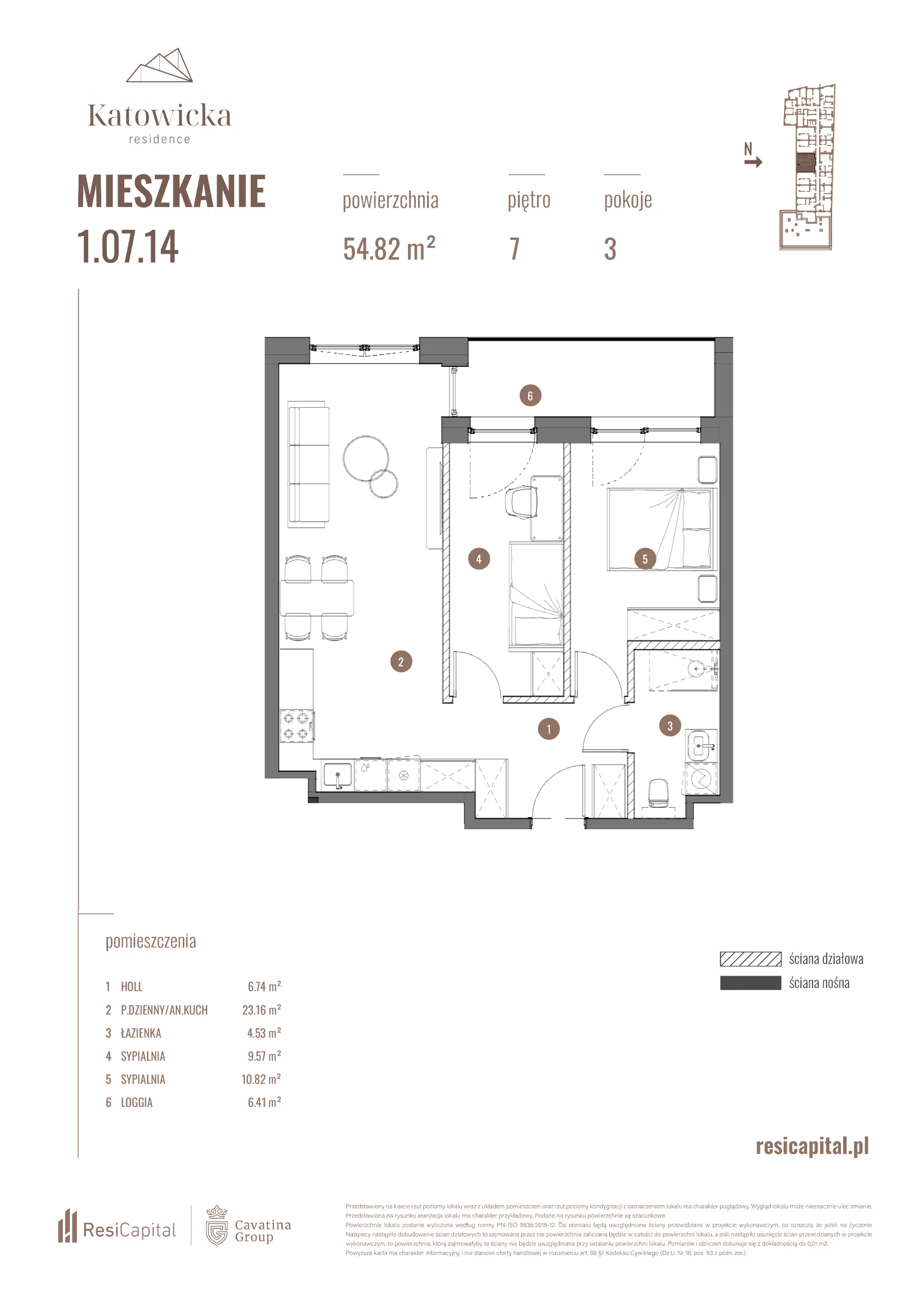 3 pokoje, apartament 54,82 m², piętro 7, oferta nr 1.07.14., Katowicka Residence, Katowice, Bogucice, ul. Katowicka