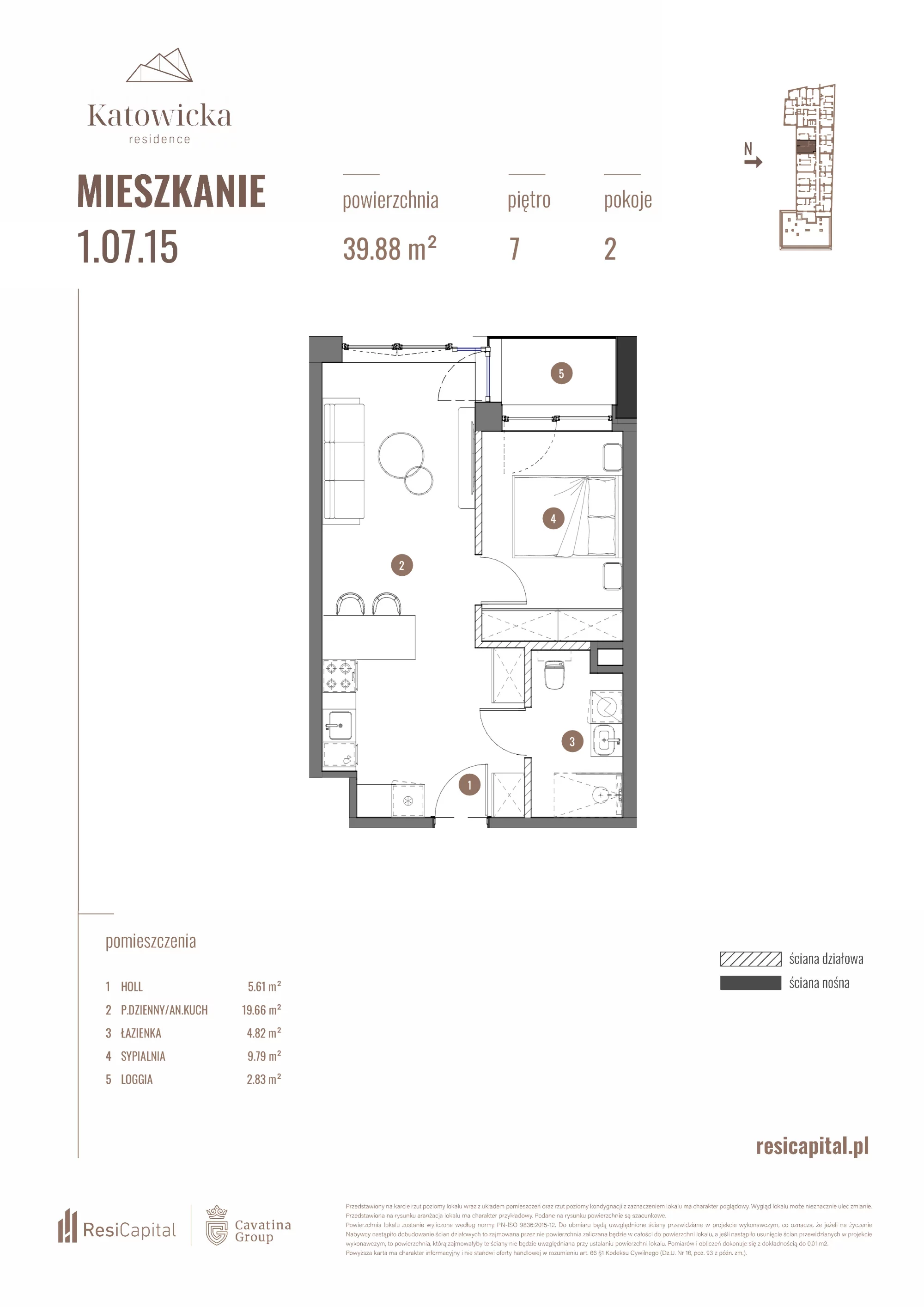 2 pokoje, apartament 39,88 m², piętro 7, oferta nr 1.07.15., Katowicka Residence, Katowice, Bogucice, ul. Katowicka