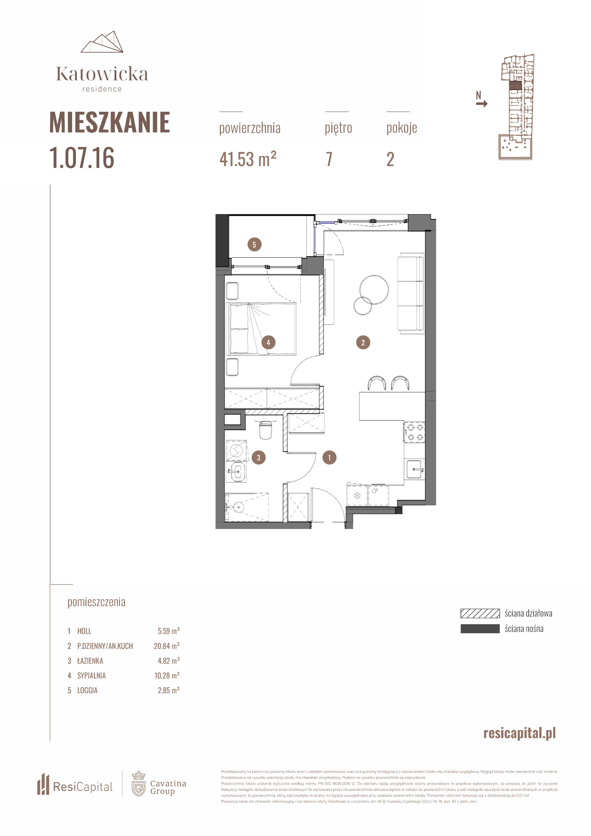 2 pokoje, apartament 41,53 m², piętro 7, oferta nr 1.07.16., Katowicka Residence, Katowice, Bogucice, ul. Katowicka