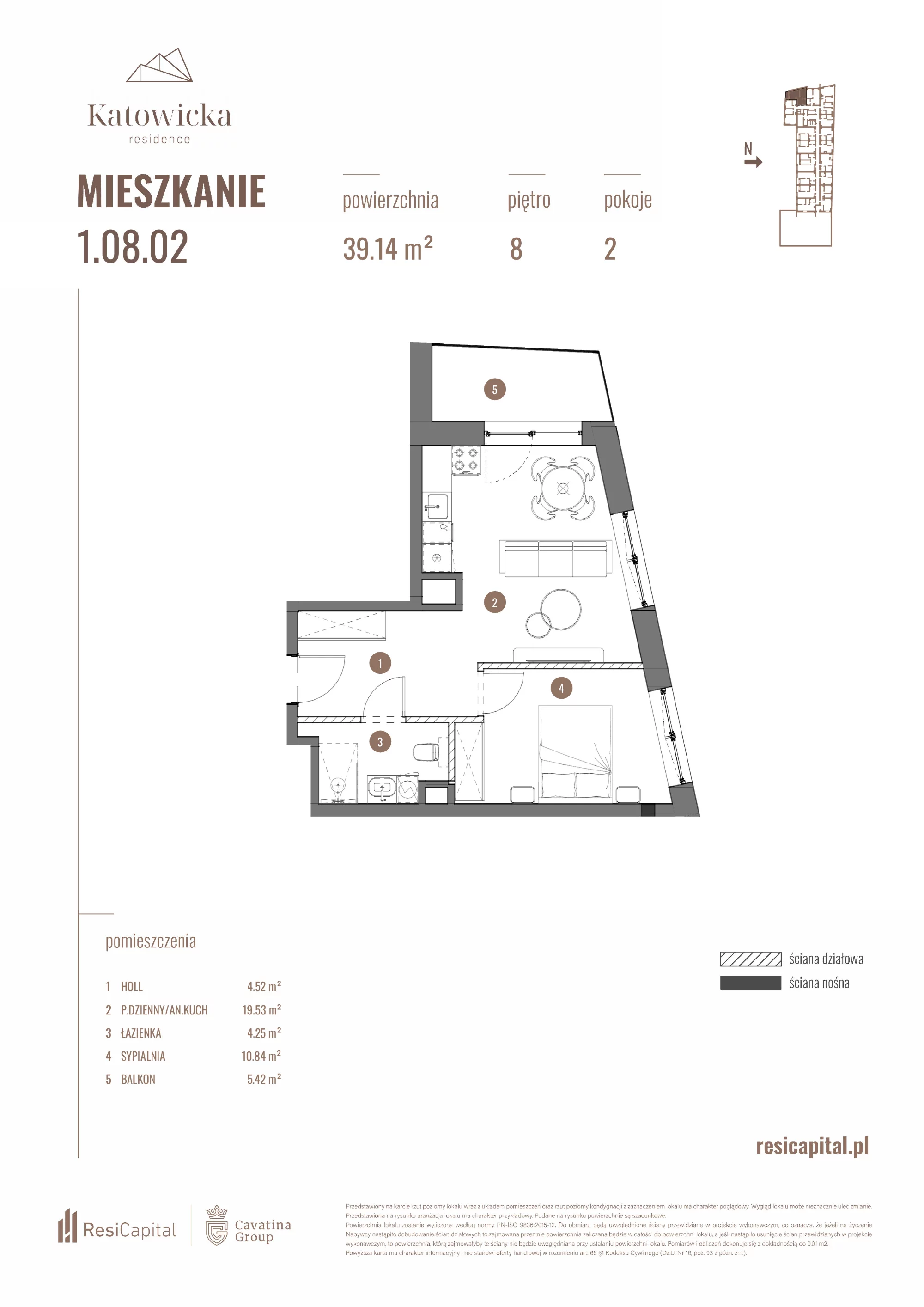 2 pokoje, apartament 39,14 m², piętro 8, oferta nr 1.08.02., Katowicka Residence, Katowice, Bogucice, ul. Katowicka