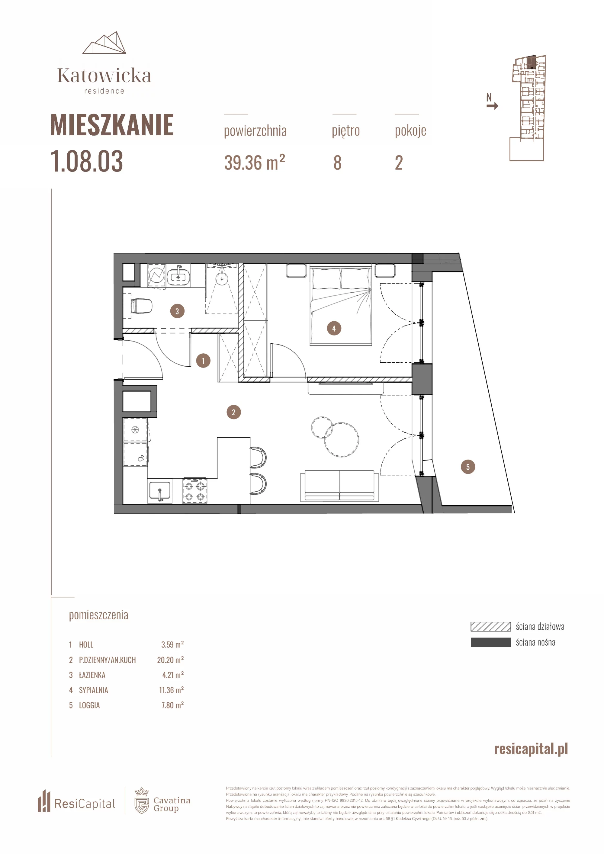2 pokoje, apartament 39,36 m², piętro 8, oferta nr 1.08.03., Katowicka Residence, Katowice, Bogucice, ul. Katowicka