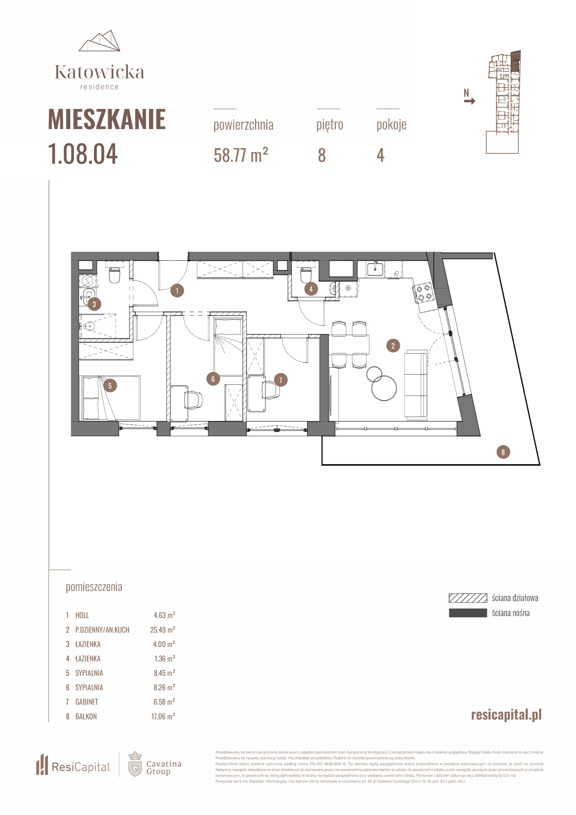 4 pokoje, apartament 58,83 m², piętro 8, oferta nr 1.08.04., Katowicka Residence, Katowice, Bogucice, ul. Katowicka