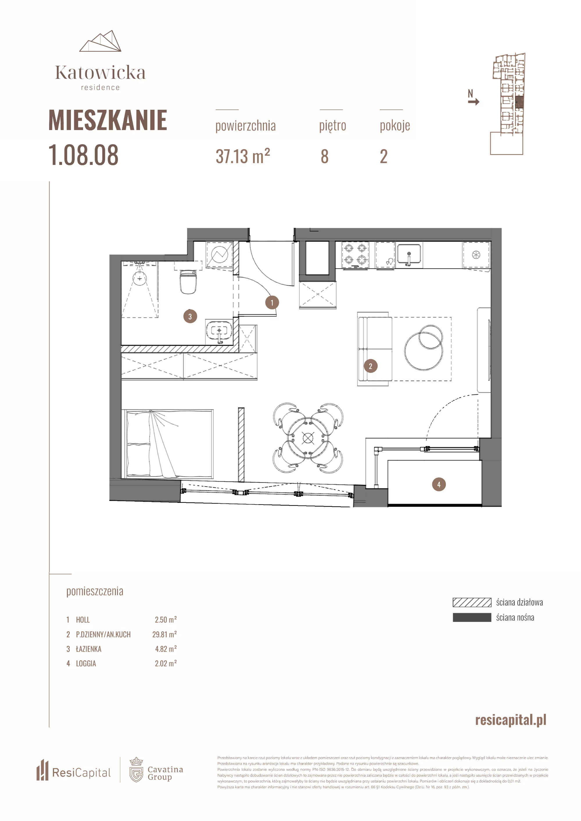 Apartament 37,13 m², piętro 8, oferta nr 1.08.08., Katowicka Residence, Katowice, Bogucice, ul. Katowicka