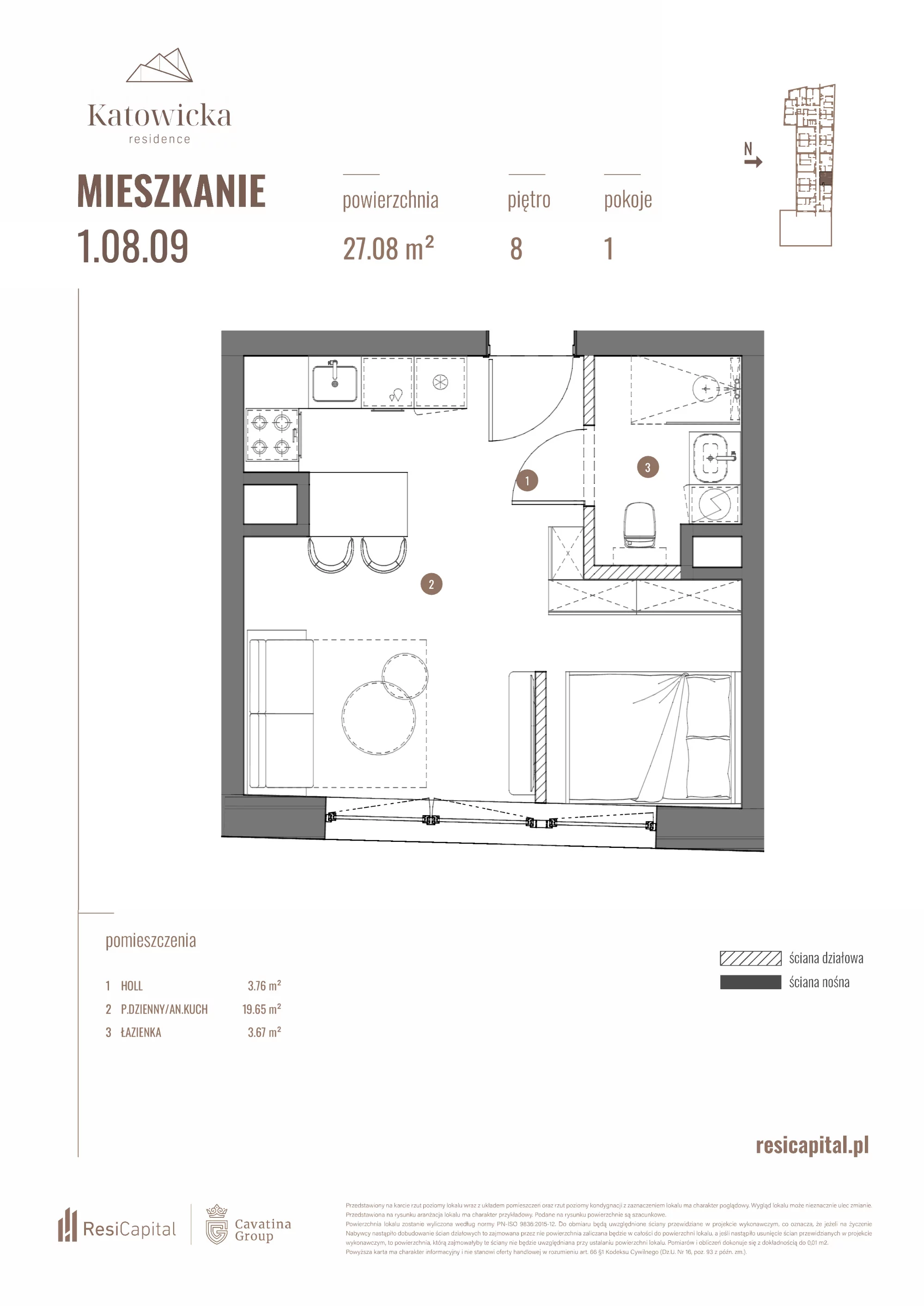 Apartament 27,08 m², piętro 8, oferta nr 1.08.09., Katowicka Residence, Katowice, Bogucice, ul. Katowicka