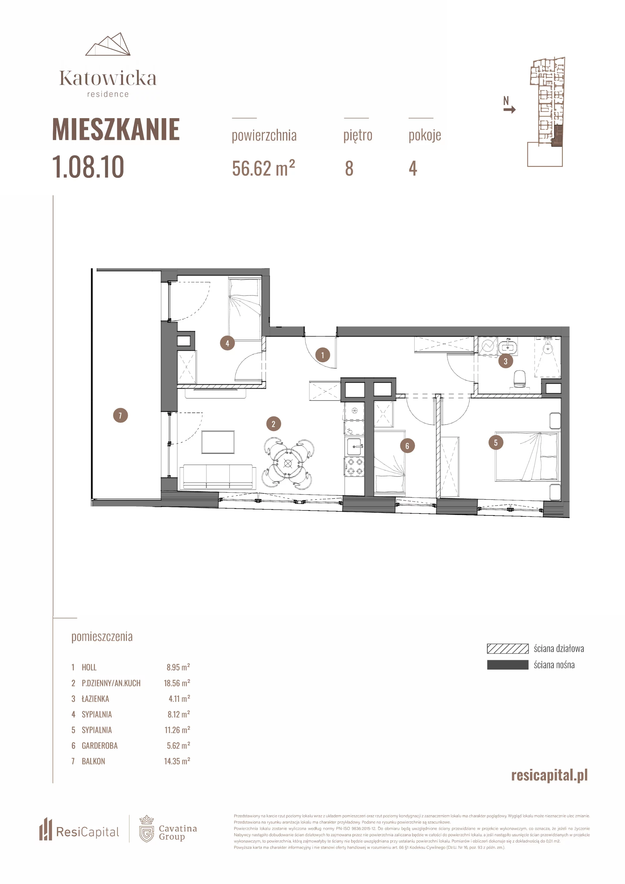 3 pokoje, apartament 56,62 m², piętro 8, oferta nr 1.08.10., Katowicka Residence, Katowice, Bogucice, ul. Katowicka