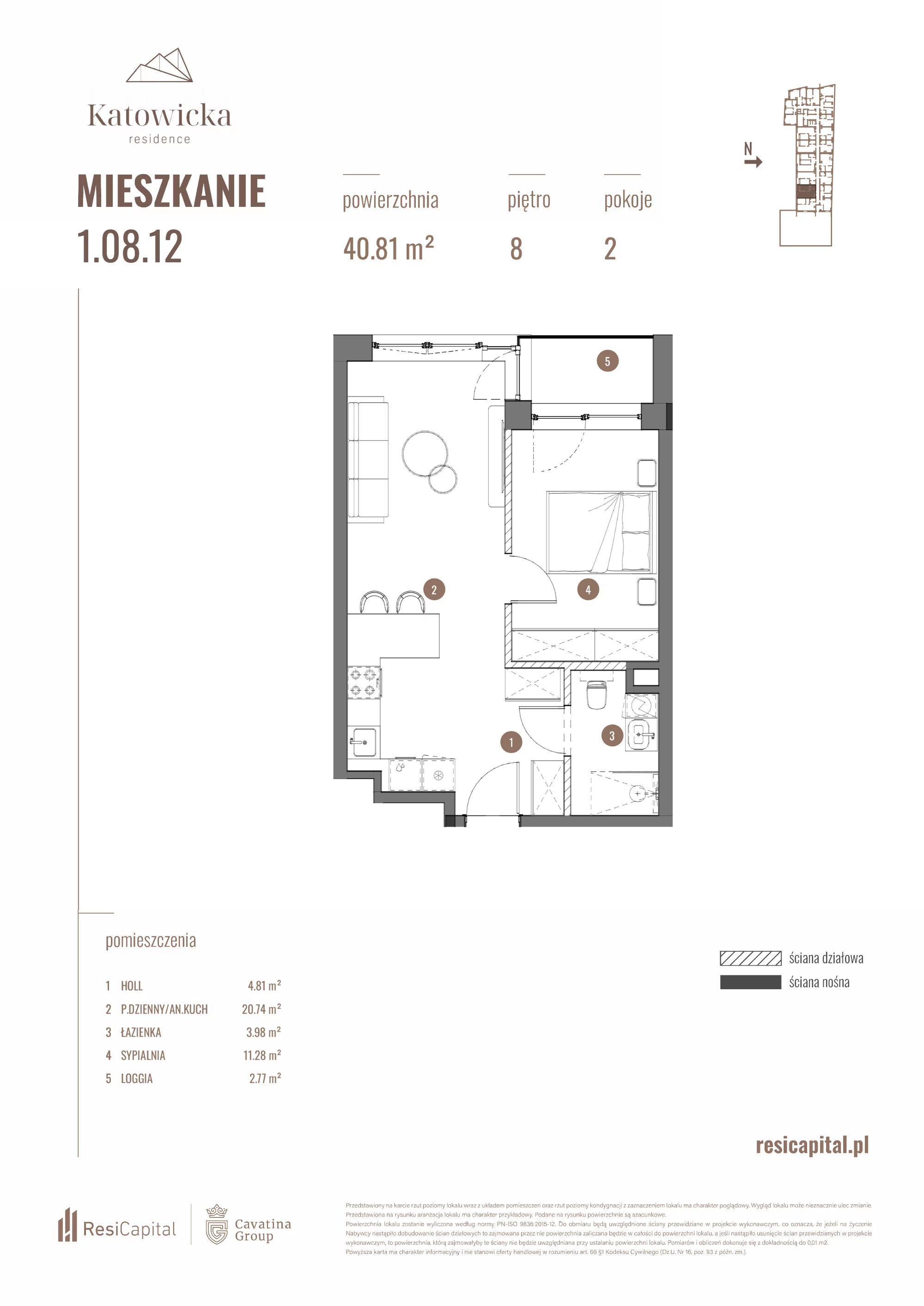 2 pokoje, apartament 40,81 m², piętro 8, oferta nr 1.08.12., Katowicka Residence, Katowice, Bogucice, ul. Katowicka
