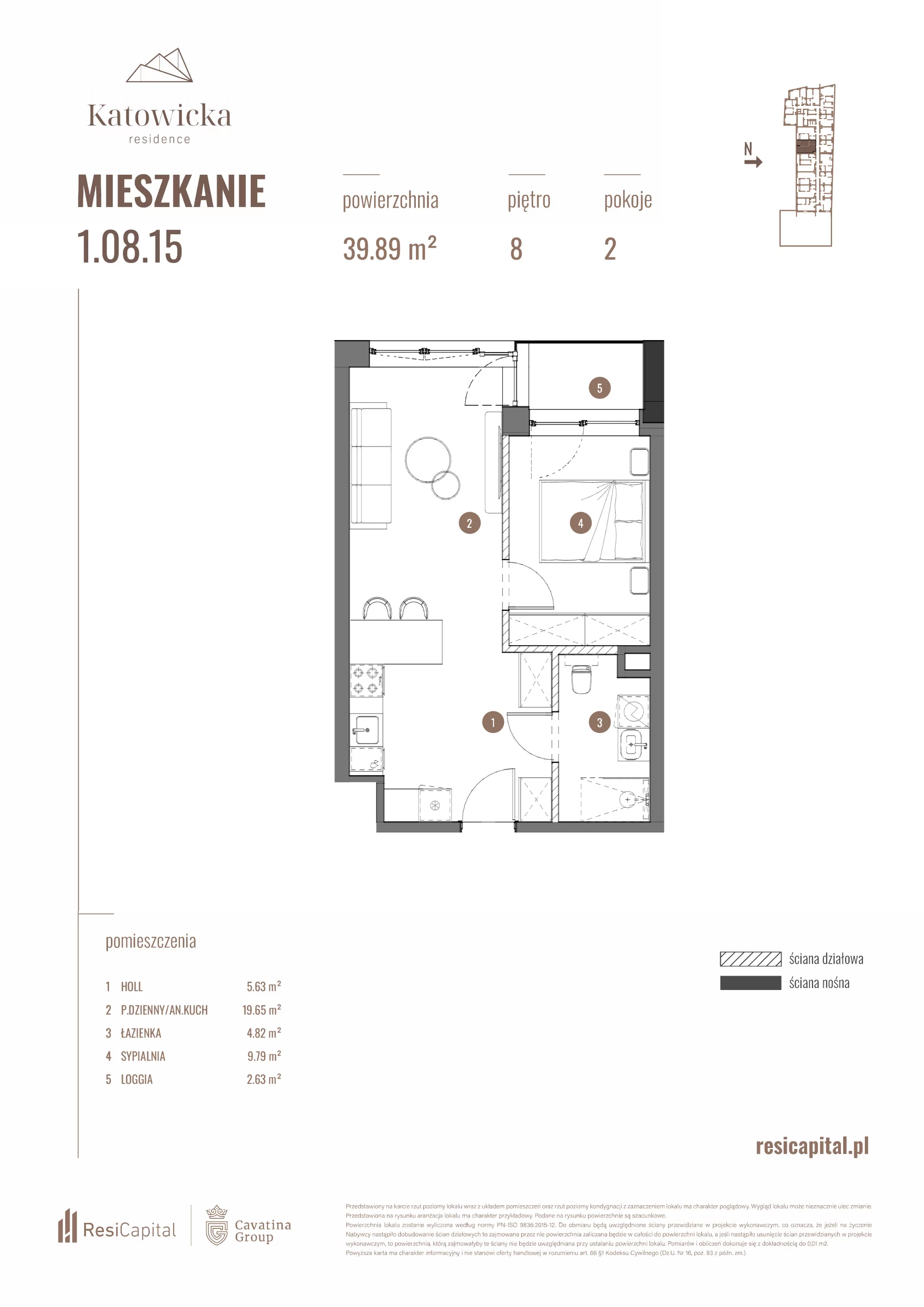 2 pokoje, apartament 39,89 m², piętro 8, oferta nr 1.08.15., Katowicka Residence, Katowice, Bogucice, ul. Katowicka