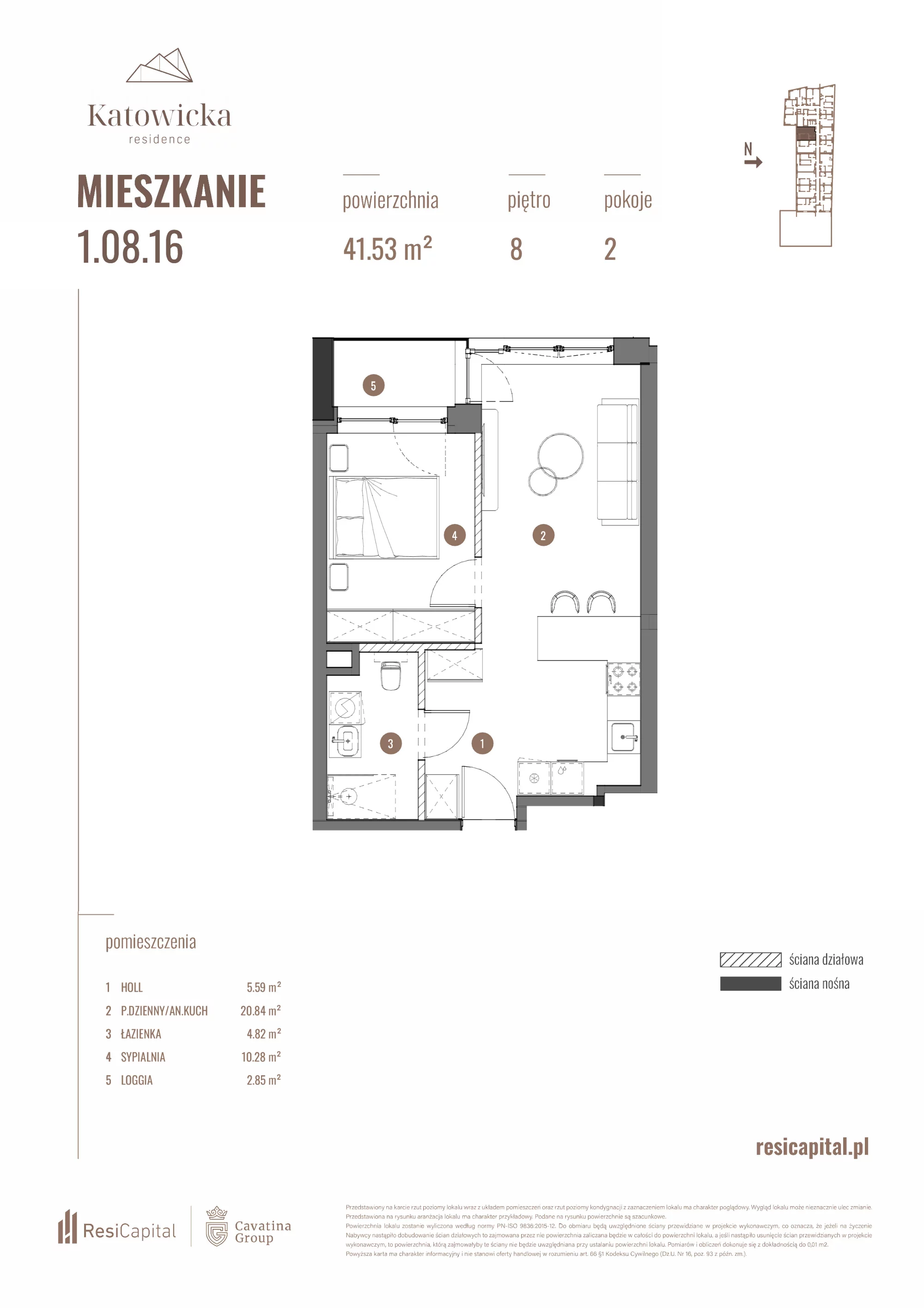 2 pokoje, apartament 41,53 m², piętro 8, oferta nr 1.08.16., Katowicka Residence, Katowice, Bogucice, ul. Katowicka