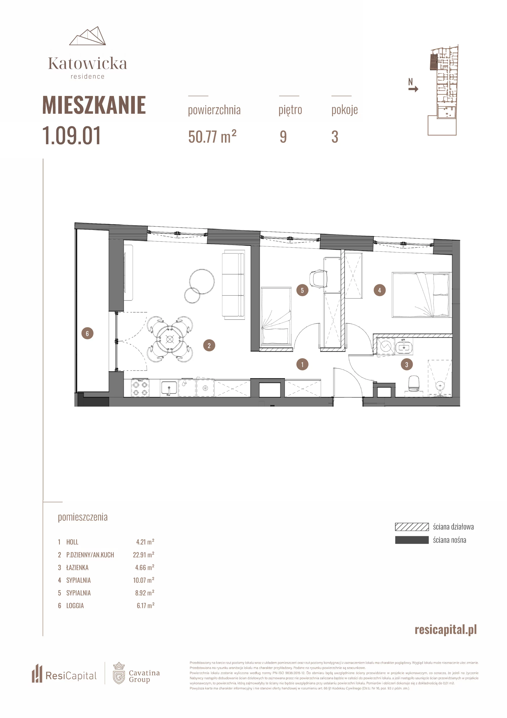 3 pokoje, apartament 50,77 m², piętro 9, oferta nr 1.09.01., Katowicka Residence, Katowice, Bogucice, ul. Katowicka
