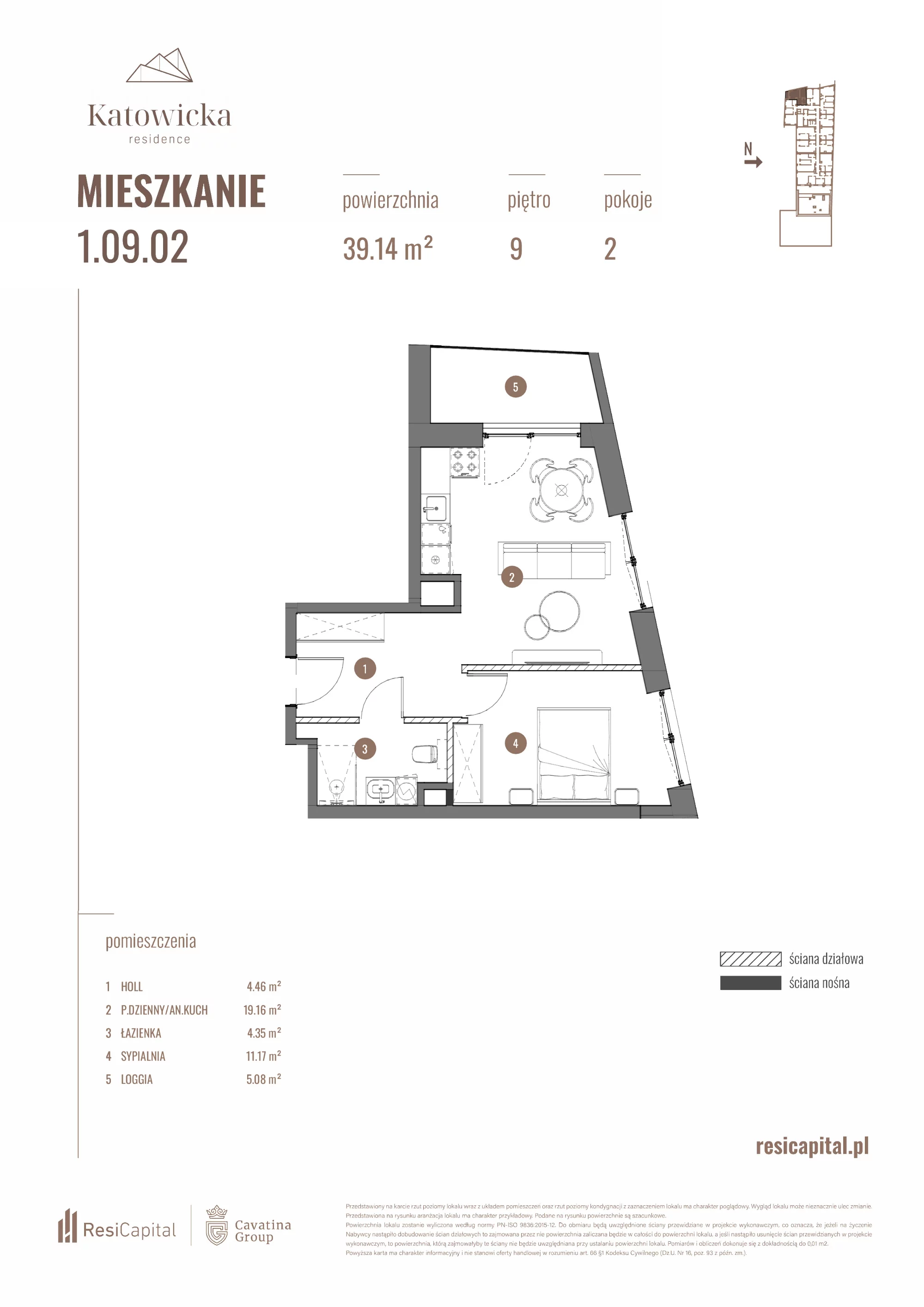 2 pokoje, apartament 39,14 m², piętro 9, oferta nr 1.09.02., Katowicka Residence, Katowice, Bogucice, ul. Katowicka