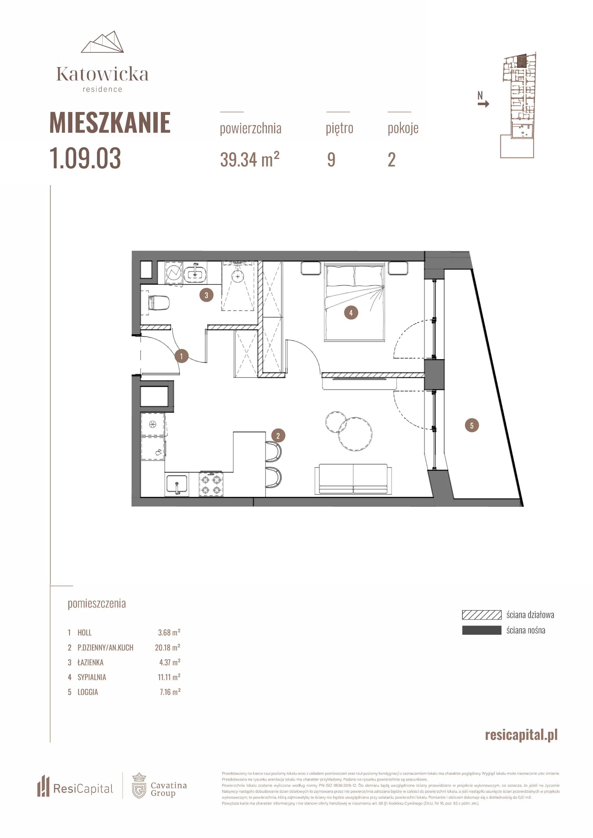 2 pokoje, apartament 39,34 m², piętro 9, oferta nr 1.09.03., Katowicka Residence, Katowice, Bogucice, ul. Katowicka