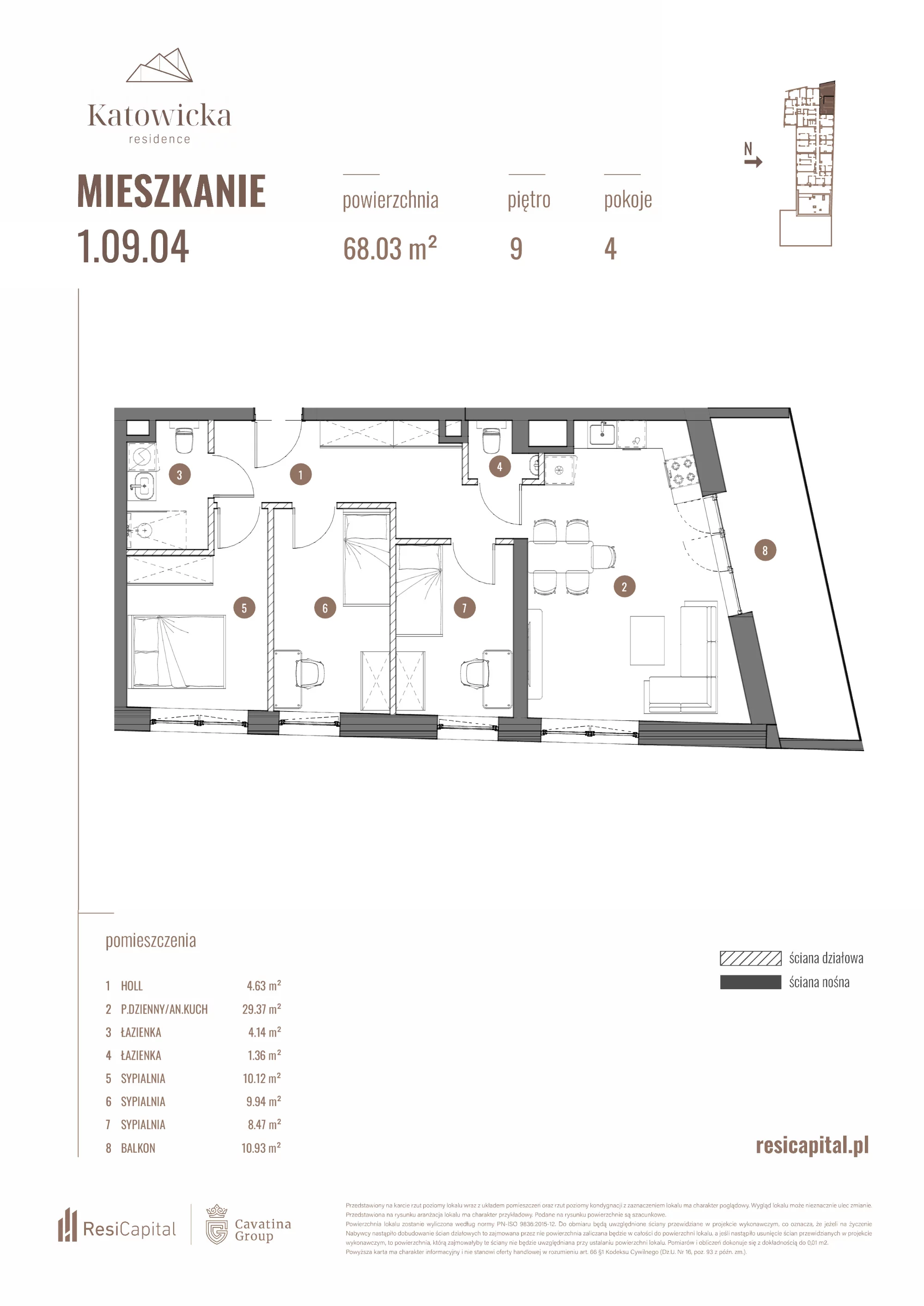 4 pokoje, apartament 68,11 m², piętro 9, oferta nr 1.09.04., Katowicka Residence, Katowice, Bogucice, ul. Katowicka