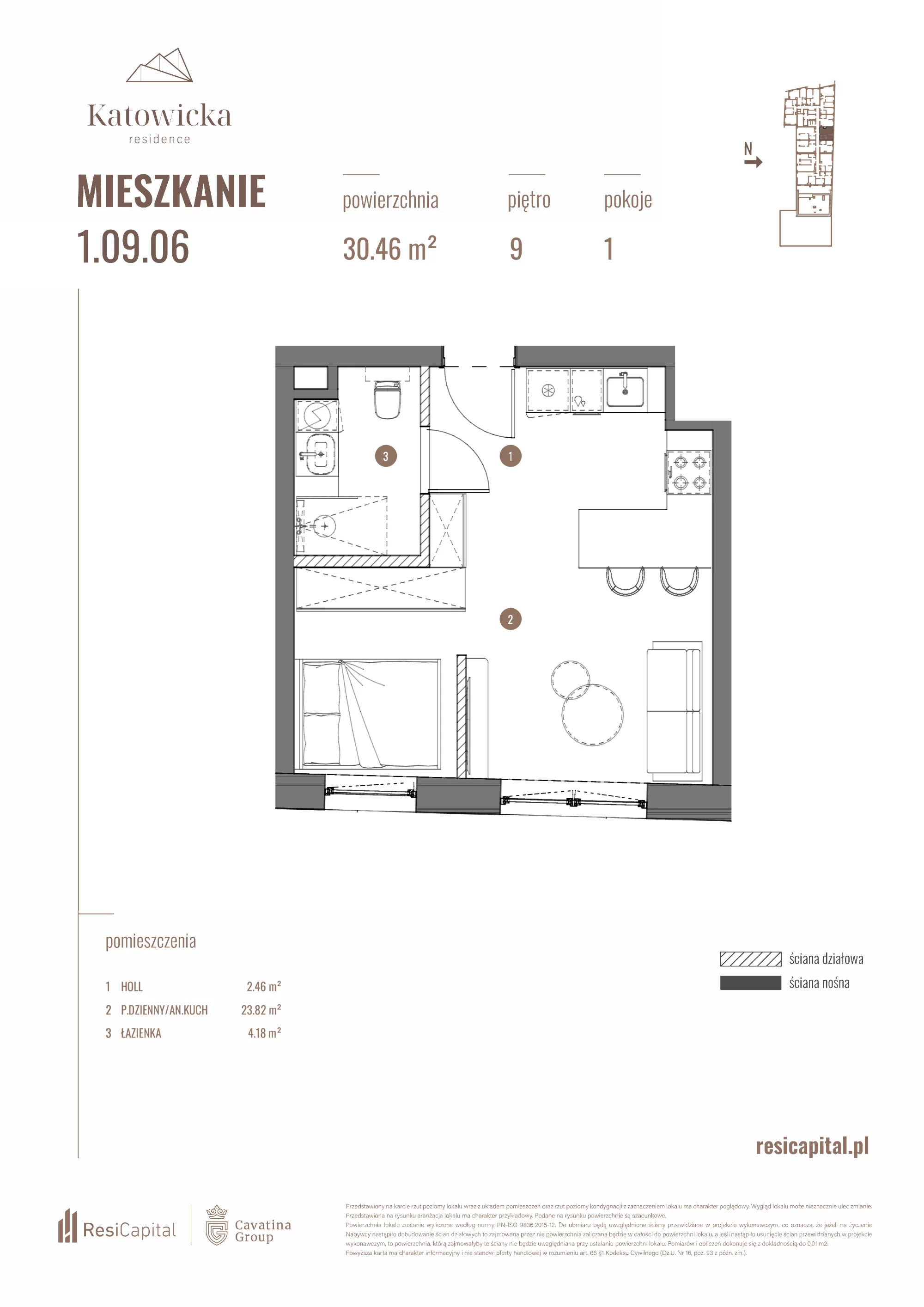 Apartament 30,46 m², piętro 9, oferta nr 1.09.06., Katowicka Residence, Katowice, Bogucice, ul. Katowicka