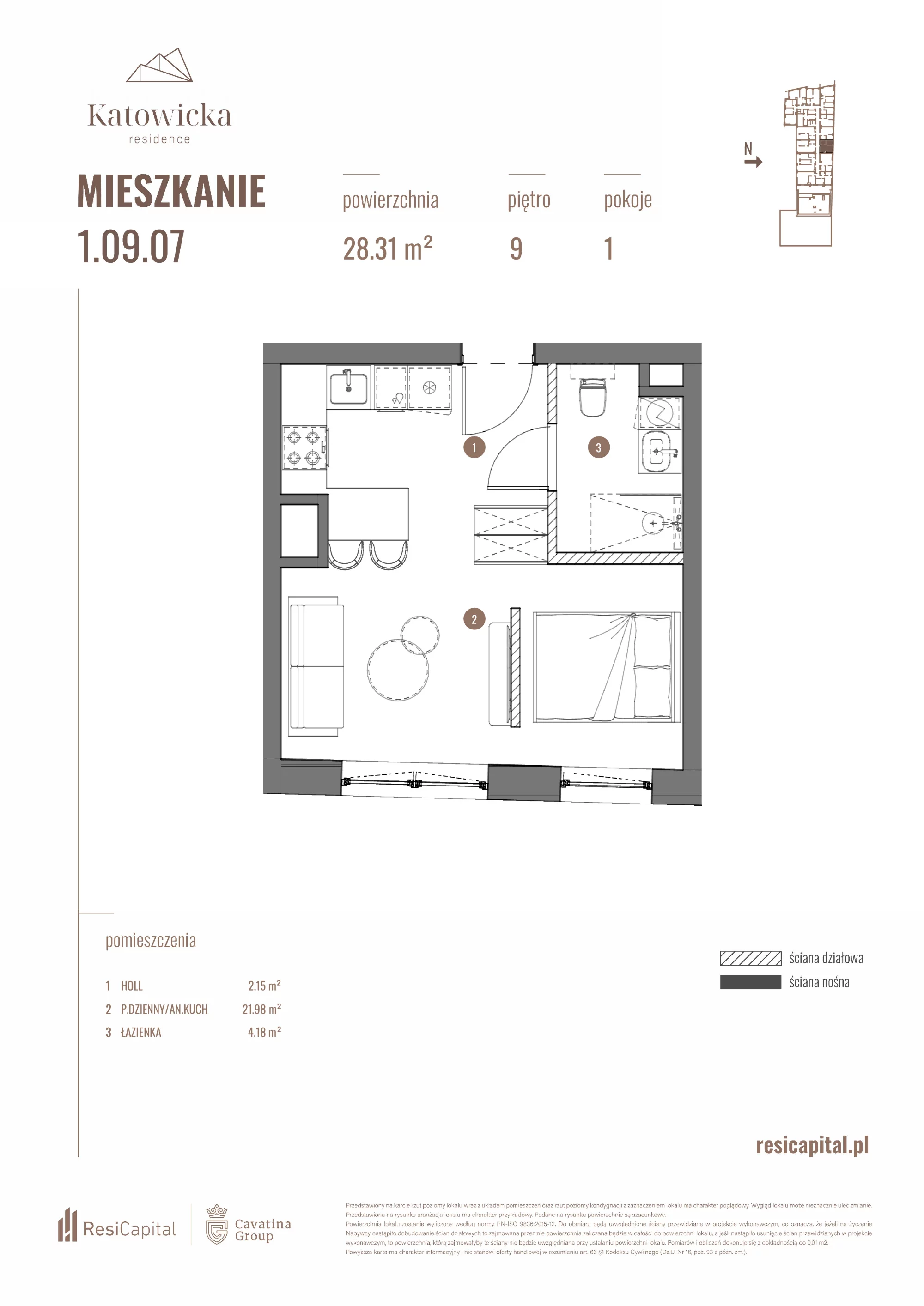 Apartament 28,31 m², piętro 9, oferta nr 1.09.07., Katowicka Residence, Katowice, Bogucice, ul. Katowicka