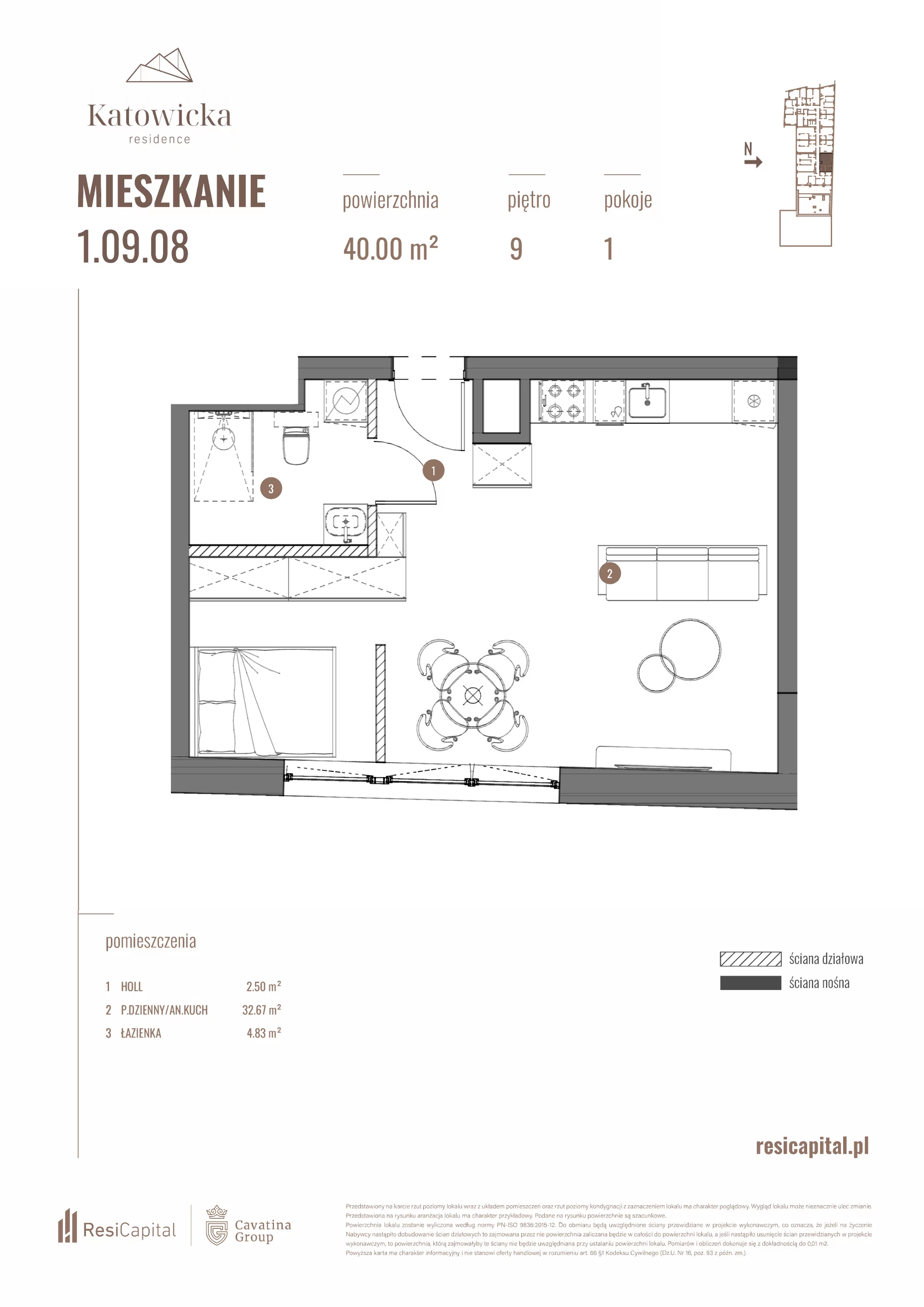 Apartament 40,00 m², piętro 9, oferta nr 1.09.08., Katowicka Residence, Katowice, Bogucice, ul. Katowicka