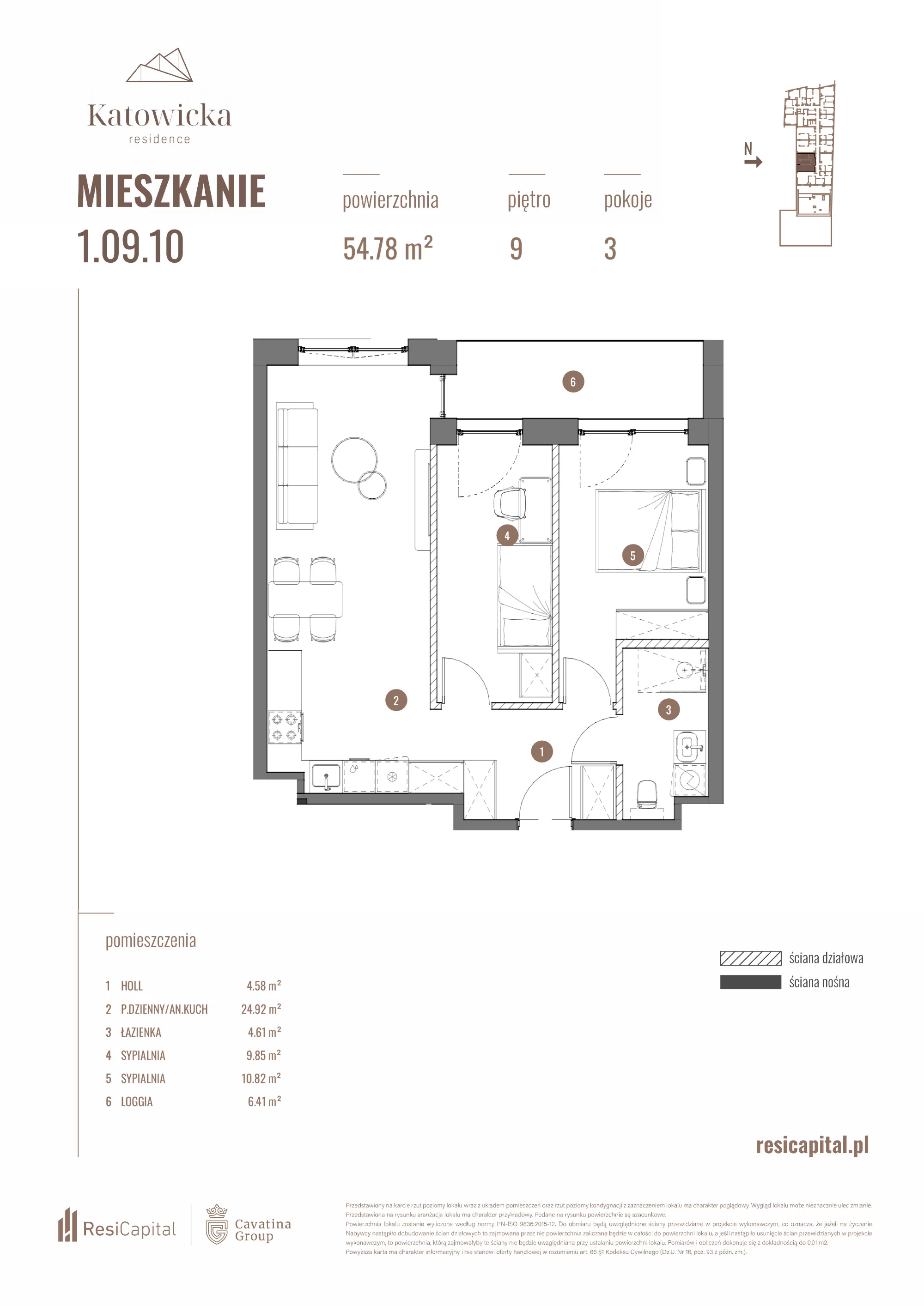 3 pokoje, apartament 54,78 m², piętro 9, oferta nr 1.09.10., Katowicka Residence, Katowice, Bogucice, ul. Katowicka