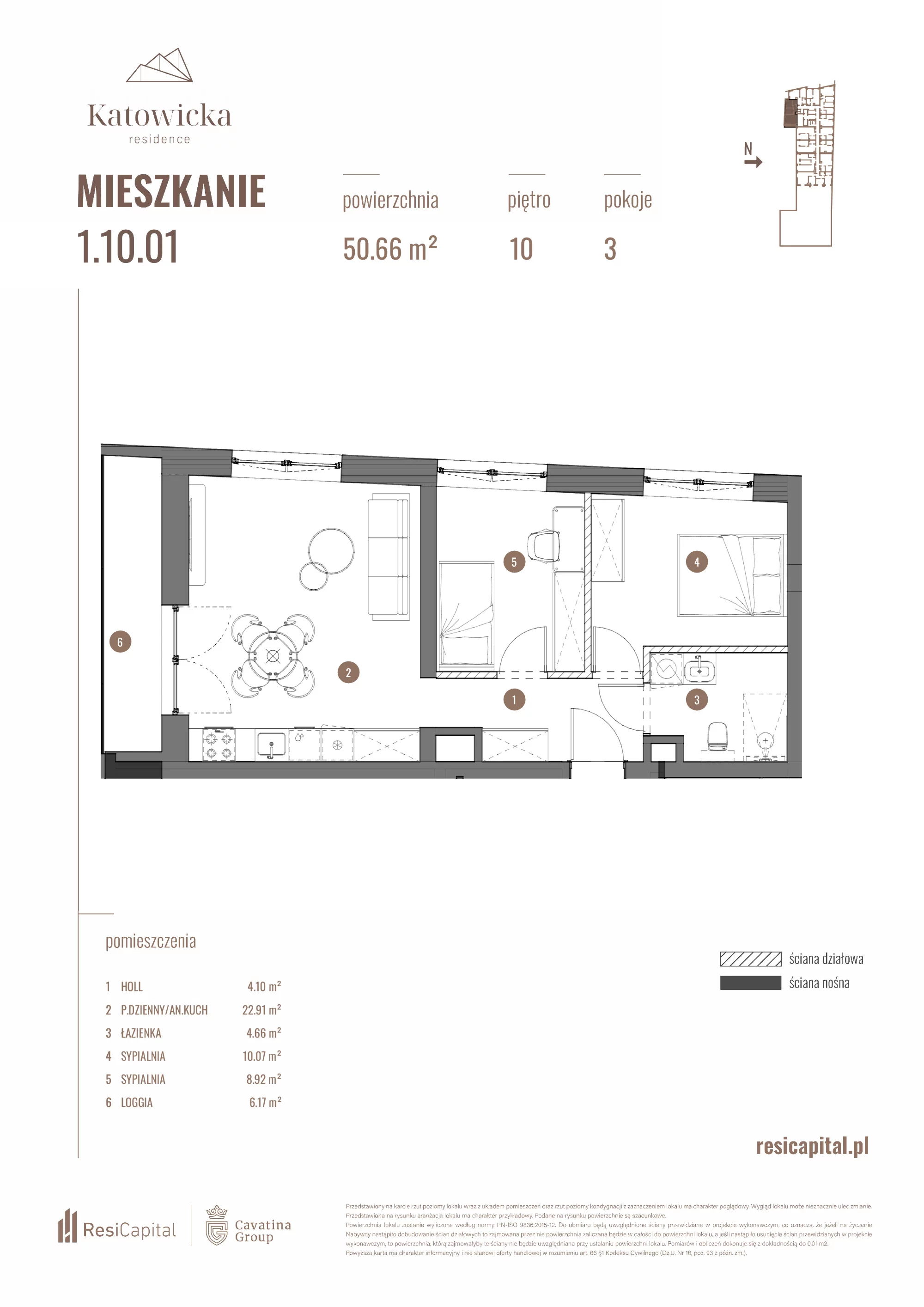 3 pokoje, apartament 50,66 m², piętro 10, oferta nr 1.10.01., Katowicka Residence, Katowice, Bogucice, ul. Katowicka