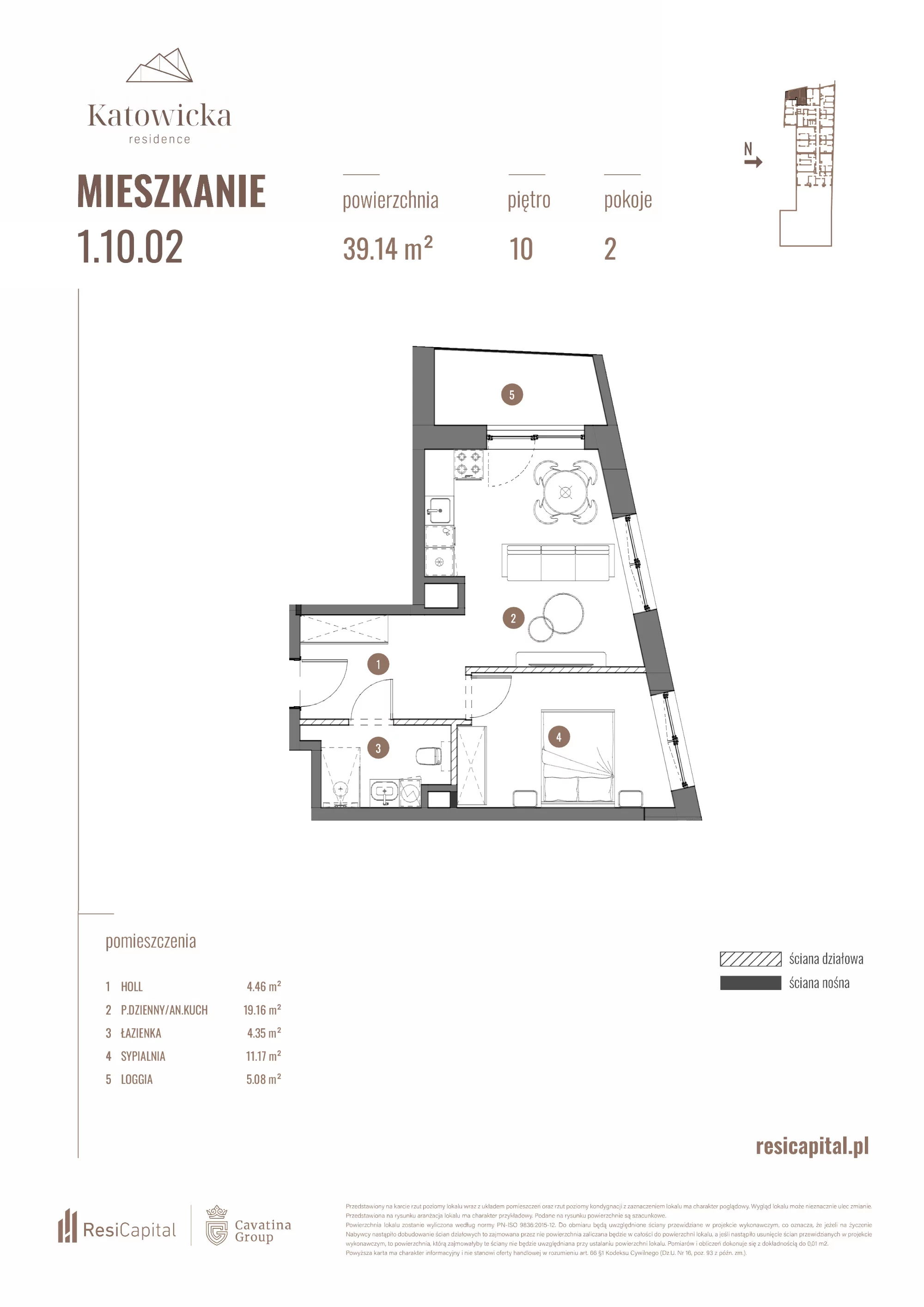 2 pokoje, apartament 39,14 m², piętro 10, oferta nr 1.10.02., Katowicka Residence, Katowice, Bogucice, ul. Katowicka