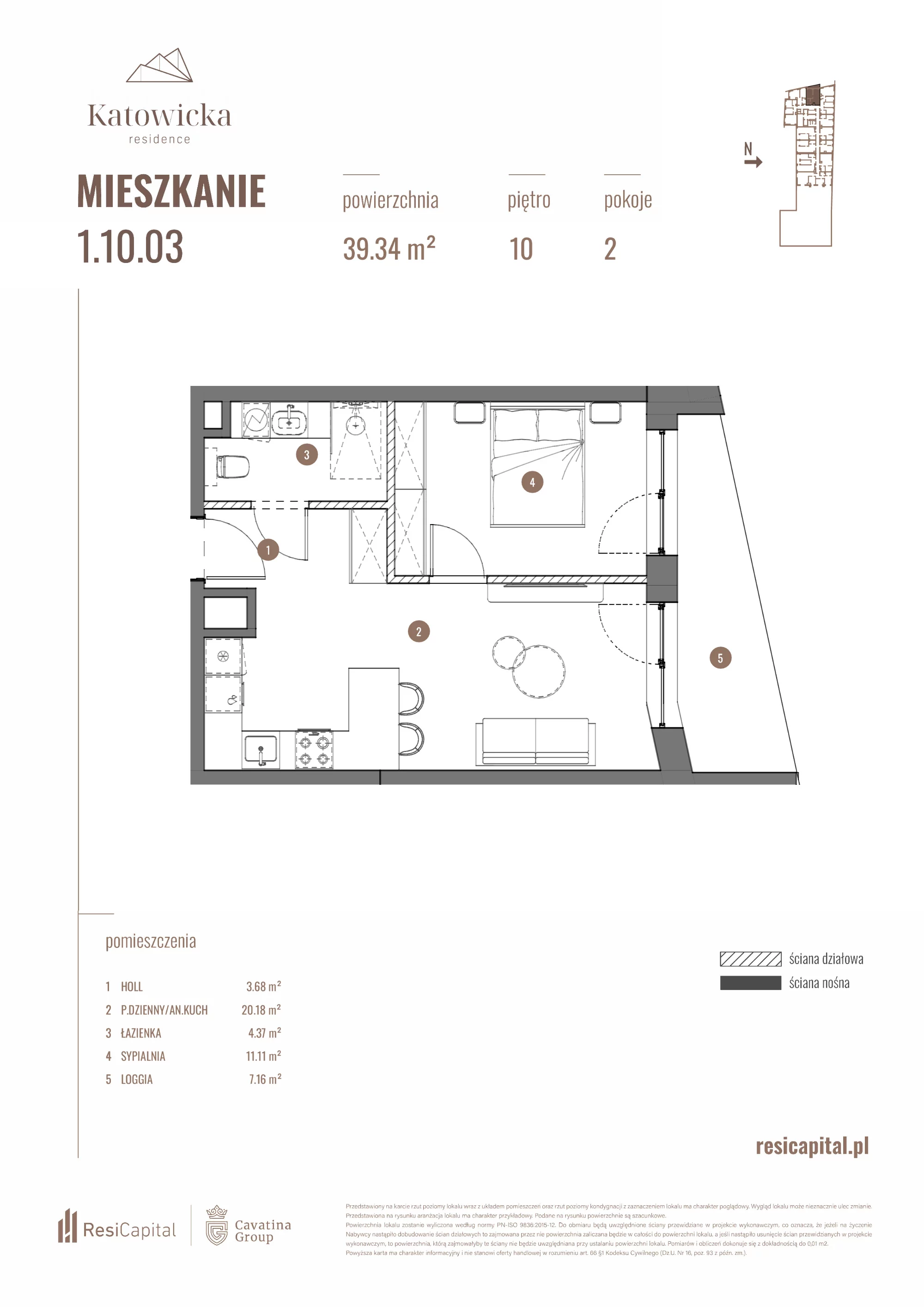 2 pokoje, apartament 39,34 m², piętro 10, oferta nr 1.10.03., Katowicka Residence, Katowice, Bogucice, ul. Katowicka
