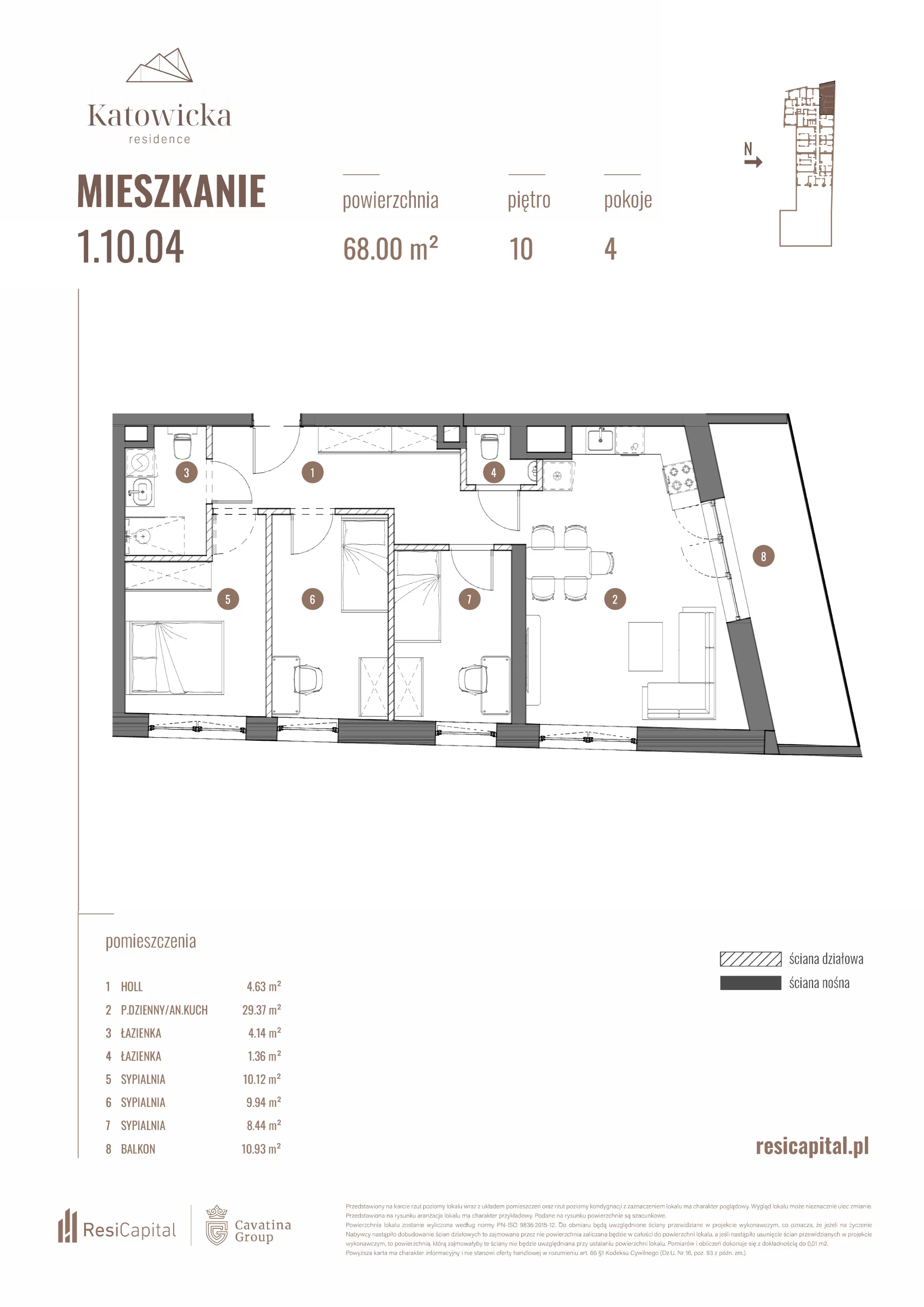 4 pokoje, apartament 68,08 m², piętro 10, oferta nr 1.10.04., Katowicka Residence, Katowice, Bogucice, ul. Katowicka