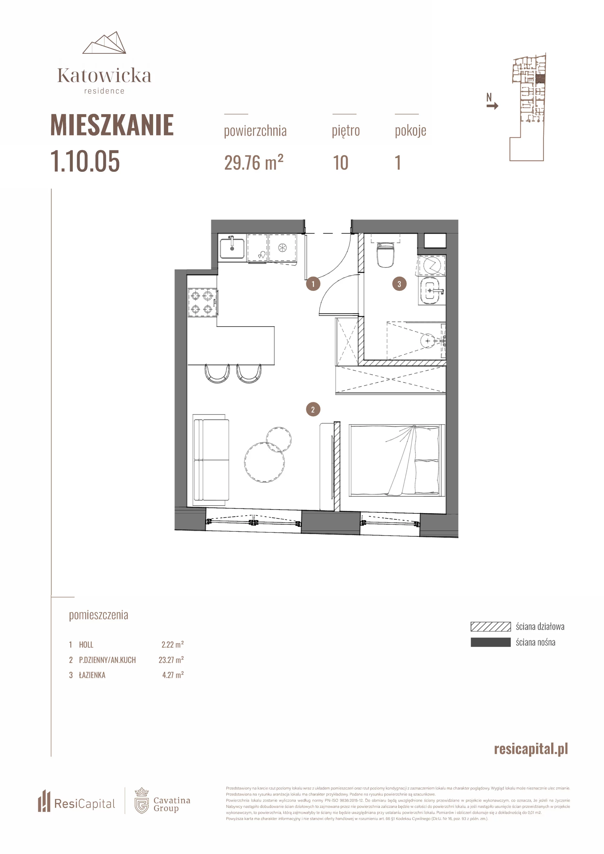 Apartament 29,76 m², piętro 10, oferta nr 1.10.05., Katowicka Residence, Katowice, Bogucice, ul. Katowicka