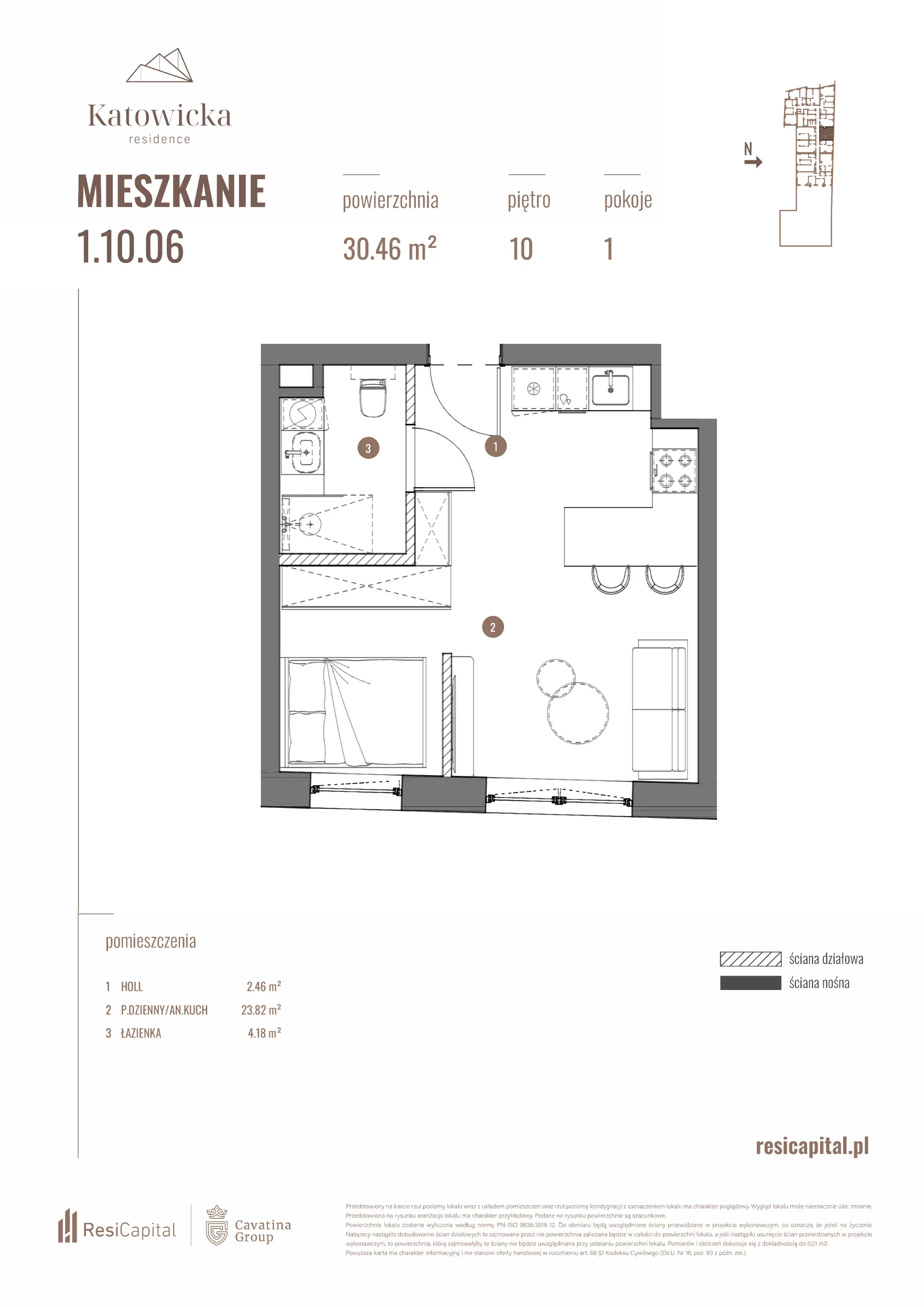 Apartament 30,46 m², piętro 10, oferta nr 1.10.06., Katowicka Residence, Katowice, Bogucice, ul. Katowicka