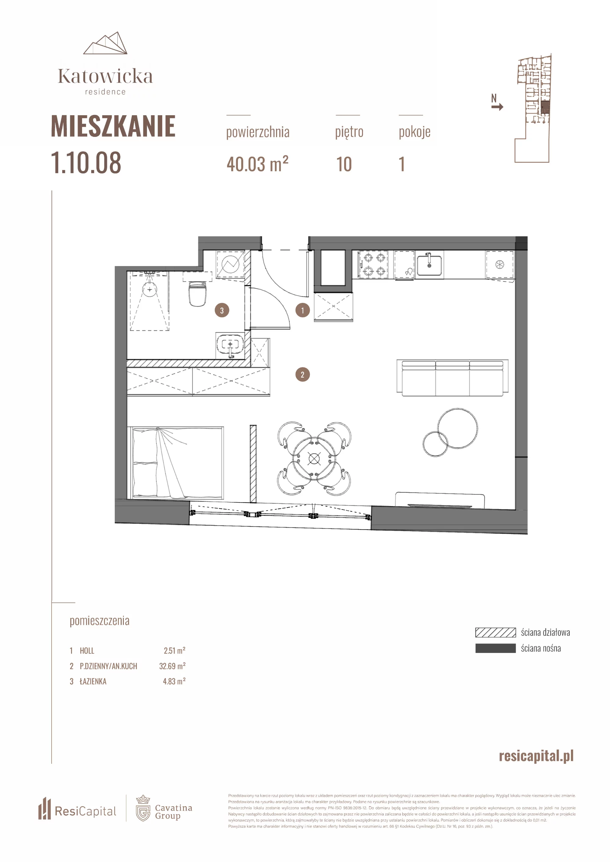 Apartament 40,03 m², piętro 10, oferta nr 1.10.08., Katowicka Residence, Katowice, Bogucice, ul. Katowicka