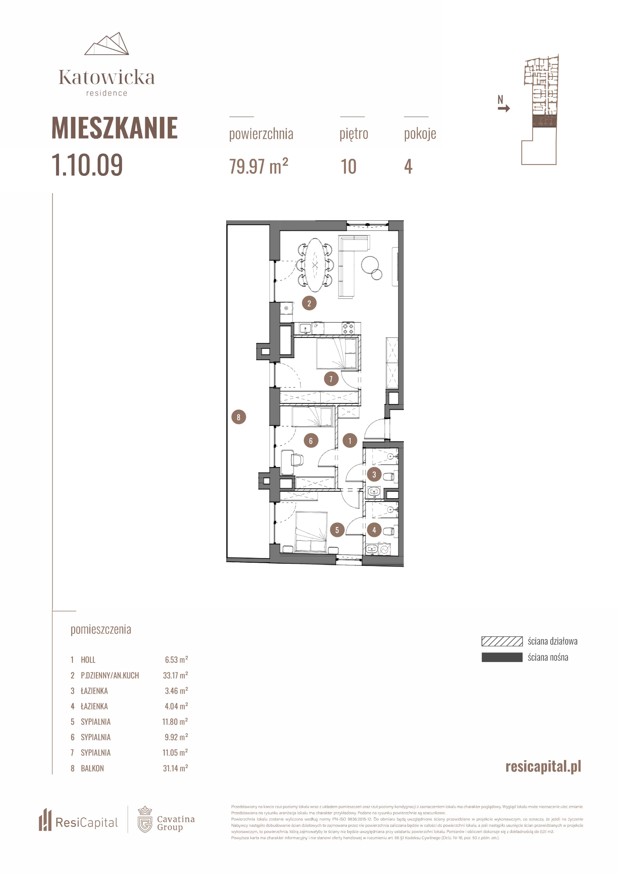 4 pokoje, apartament 80,52 m², piętro 10, oferta nr 1.10.09., Katowicka Residence, Katowice, Bogucice, ul. Katowicka