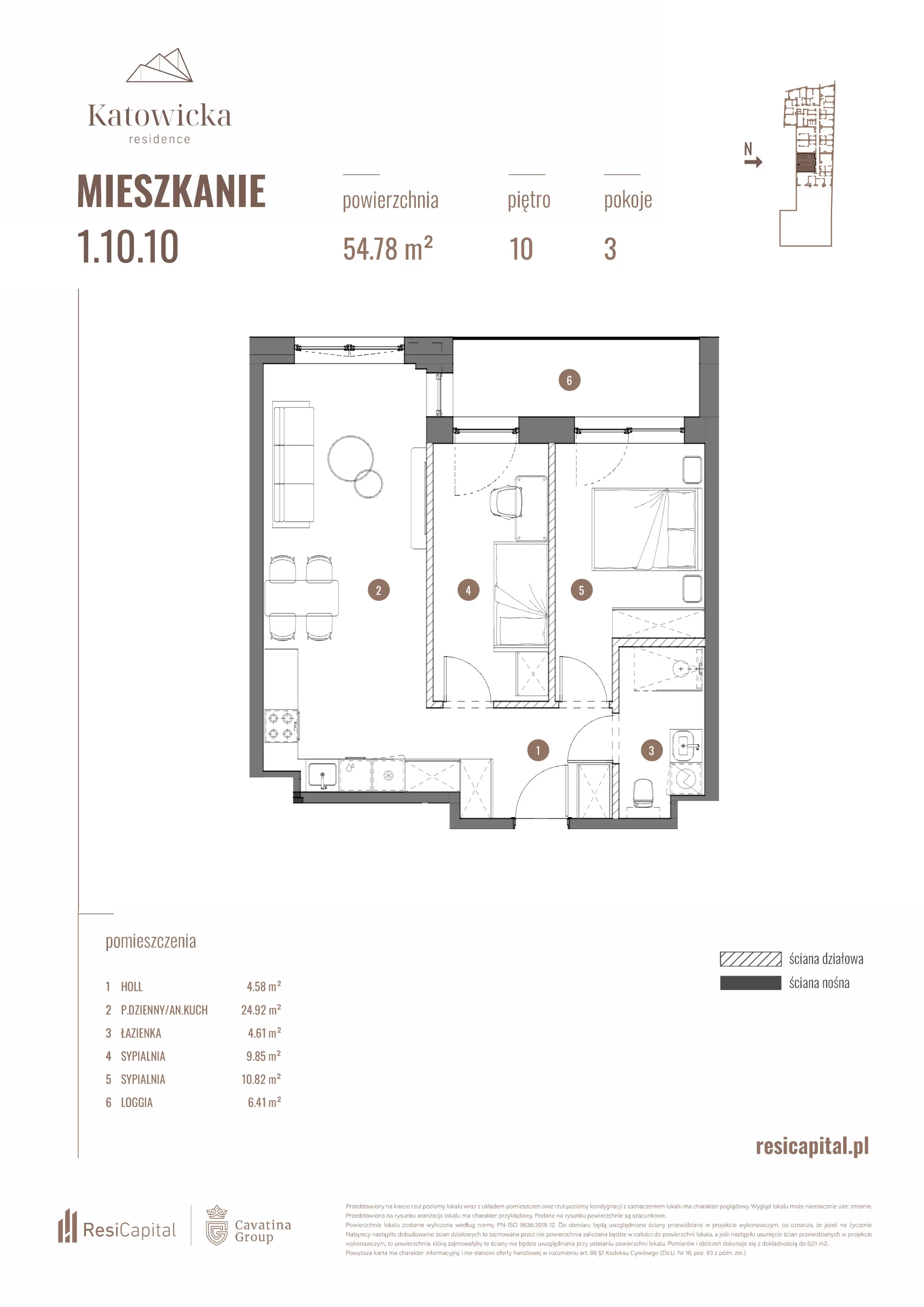 3 pokoje, apartament 54,78 m², piętro 10, oferta nr 1.10.10., Katowicka Residence, Katowice, Bogucice, ul. Katowicka