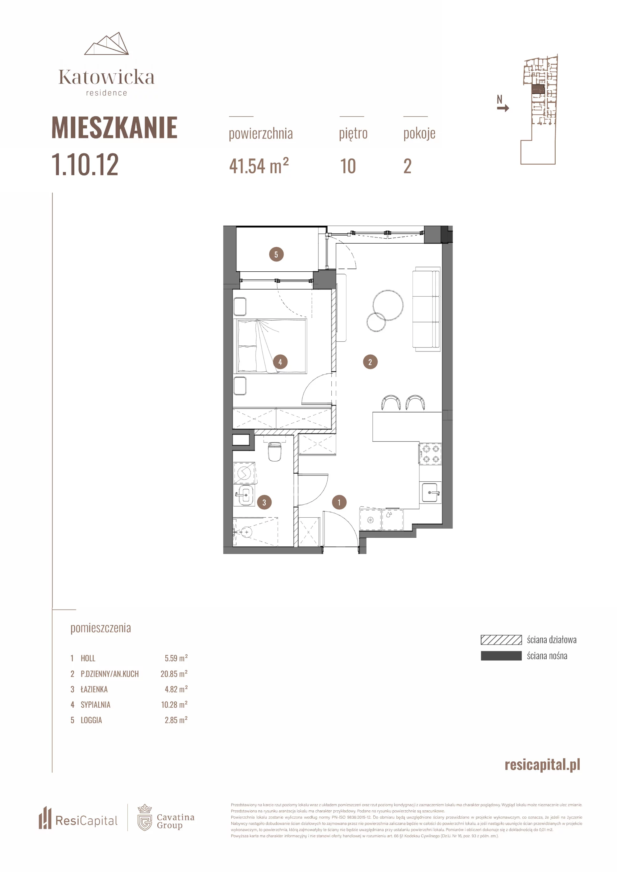 2 pokoje, apartament 41,54 m², piętro 10, oferta nr 1.10.12., Katowicka Residence, Katowice, Bogucice, ul. Katowicka