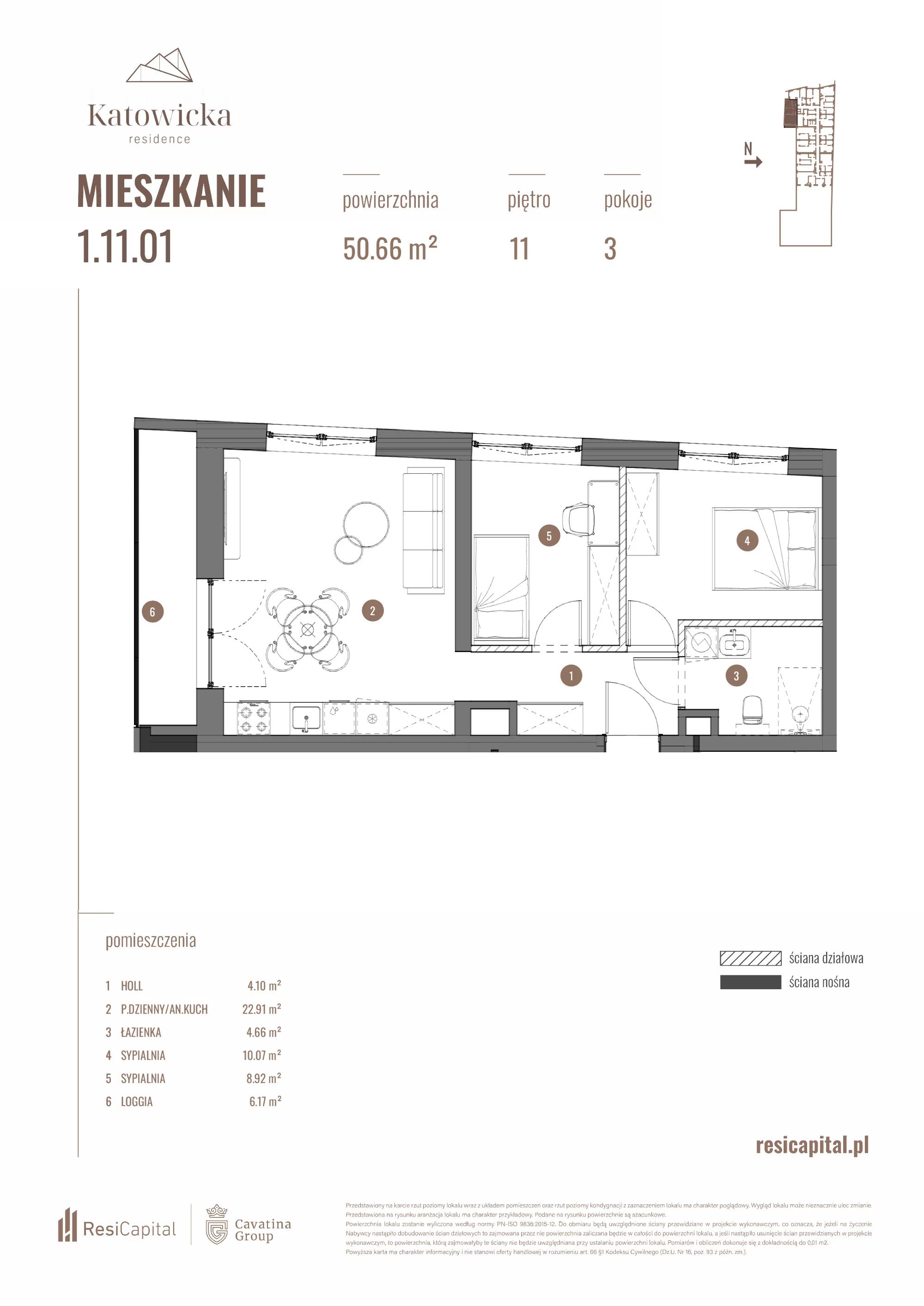 3 pokoje, apartament 50,66 m², piętro 11, oferta nr 1.11.01., Katowicka Residence, Katowice, Bogucice, ul. Katowicka