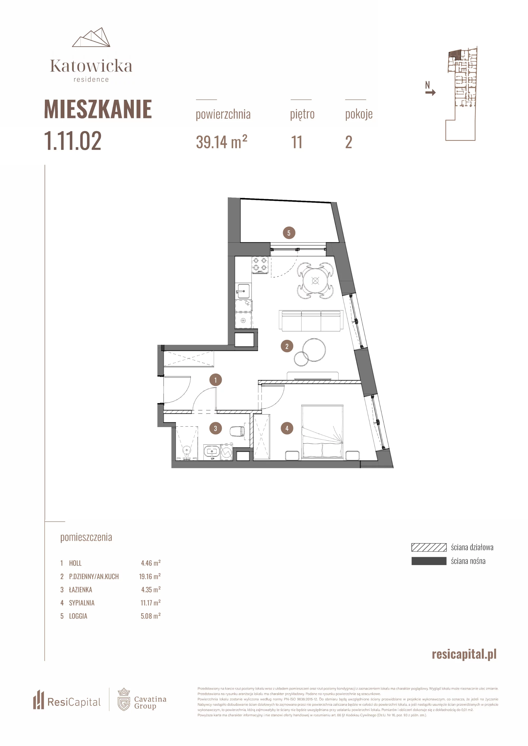 2 pokoje, apartament 39,14 m², piętro 11, oferta nr 1.11.02., Katowicka Residence, Katowice, Bogucice, ul. Katowicka