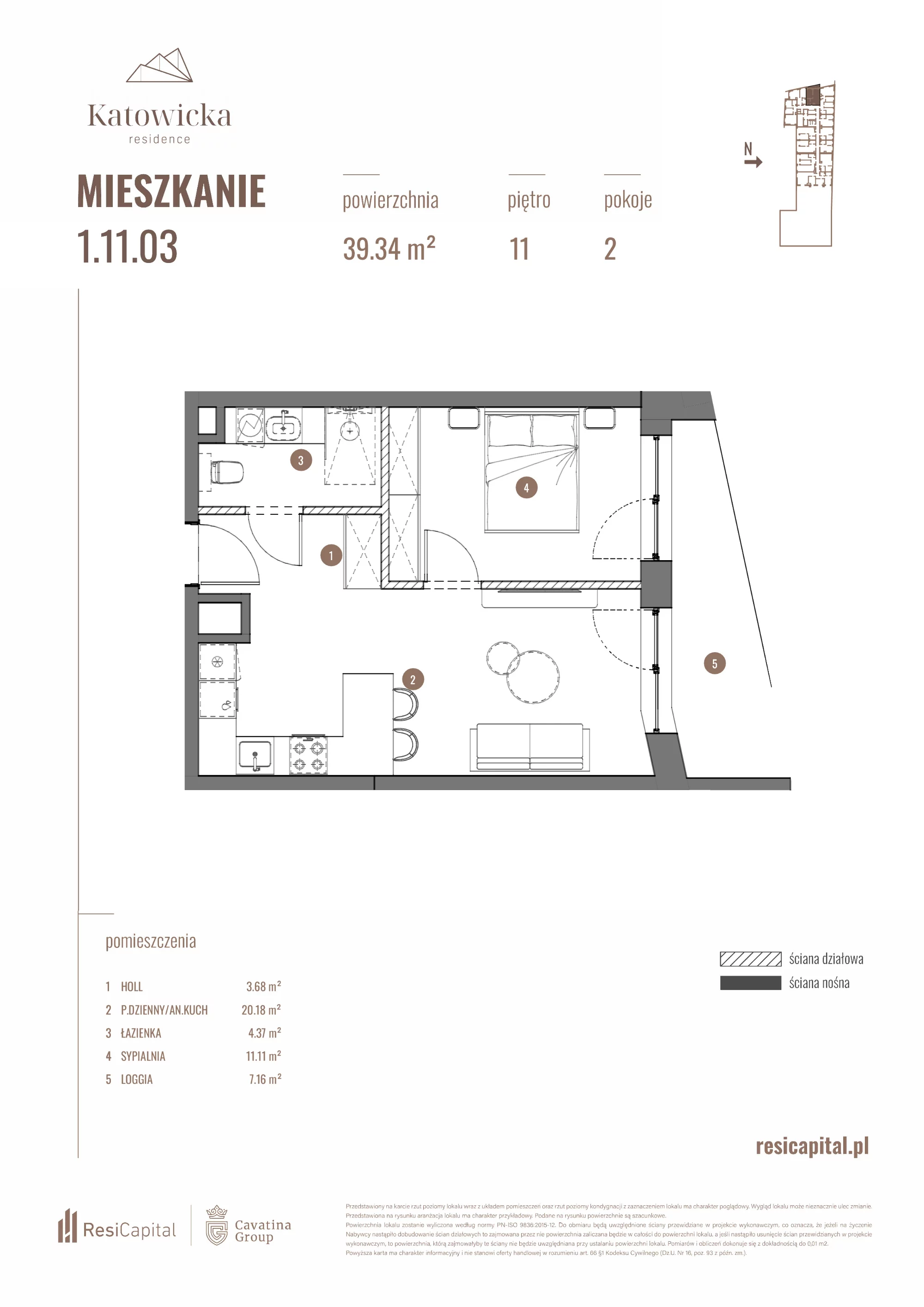2 pokoje, apartament 39,34 m², piętro 11, oferta nr 1.11.03., Katowicka Residence, Katowice, Bogucice, ul. Katowicka