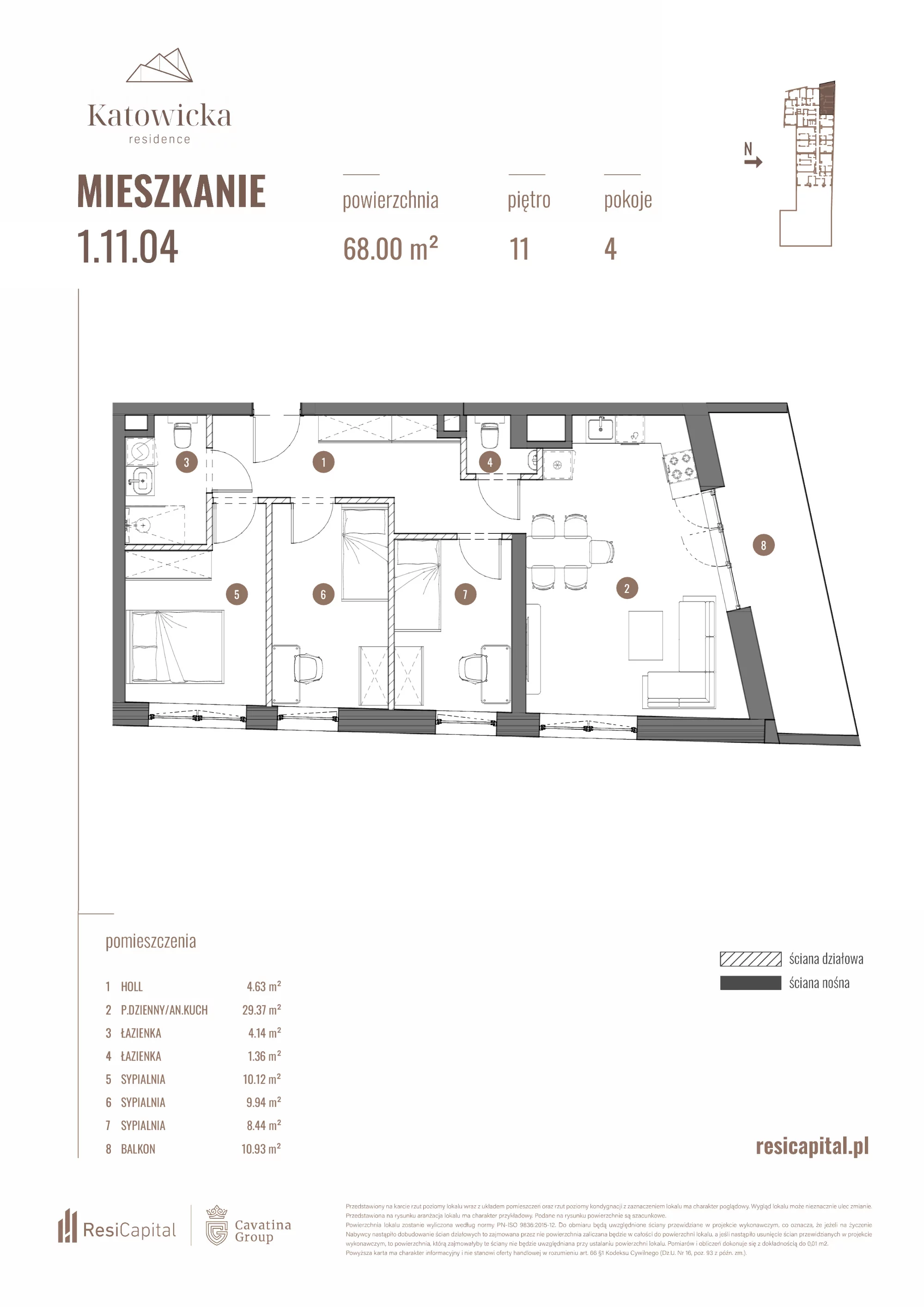 4 pokoje, apartament 68,08 m², piętro 11, oferta nr 1.11.04., Katowicka Residence, Katowice, Bogucice, ul. Katowicka