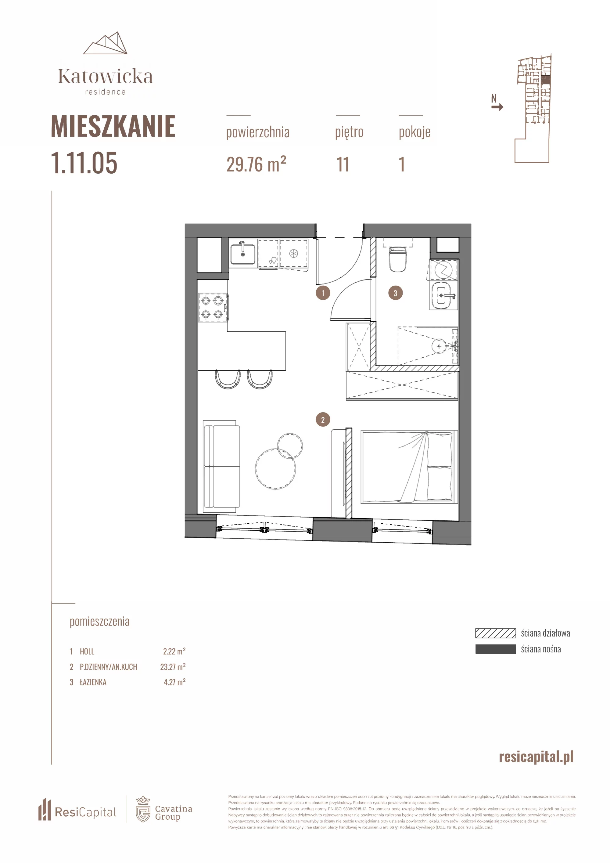 Apartament 29,76 m², piętro 11, oferta nr 1.11.05., Katowicka Residence, Katowice, Bogucice, ul. Katowicka