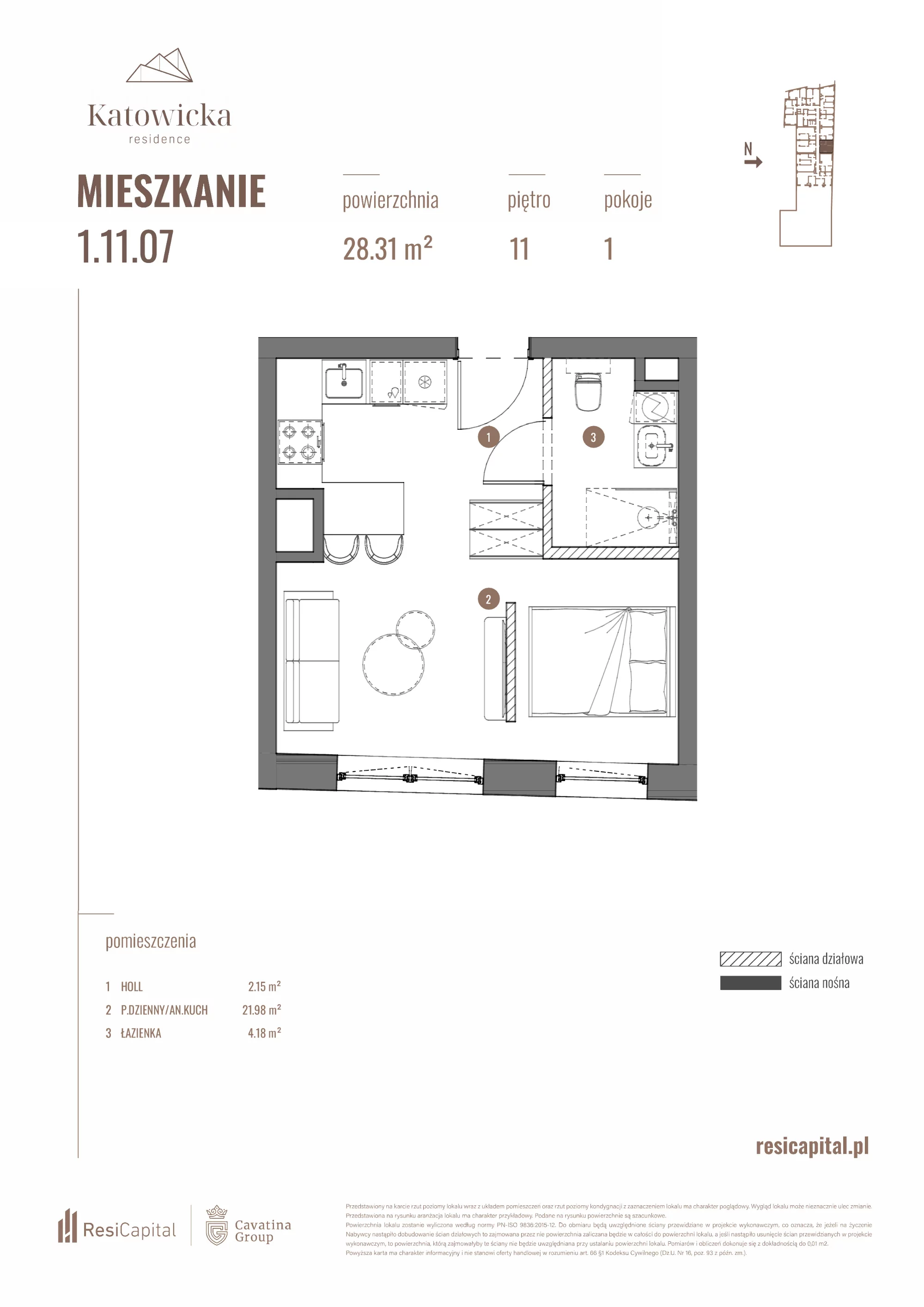 Apartament 28,31 m², piętro 11, oferta nr 1.11.07., Katowicka Residence, Katowice, Bogucice, ul. Katowicka